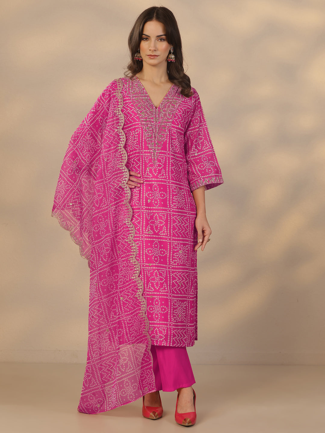  Pink Printed Silk Blend Straight Suit Set With Dupatta 