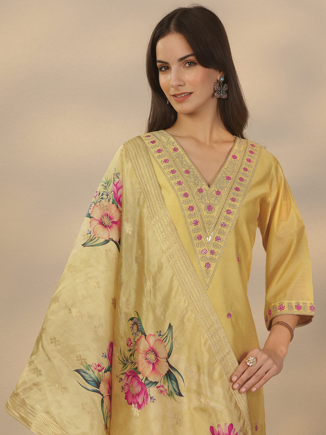  Yellow Embroidered Silk Blend Straight Suit Set With Dupatta 