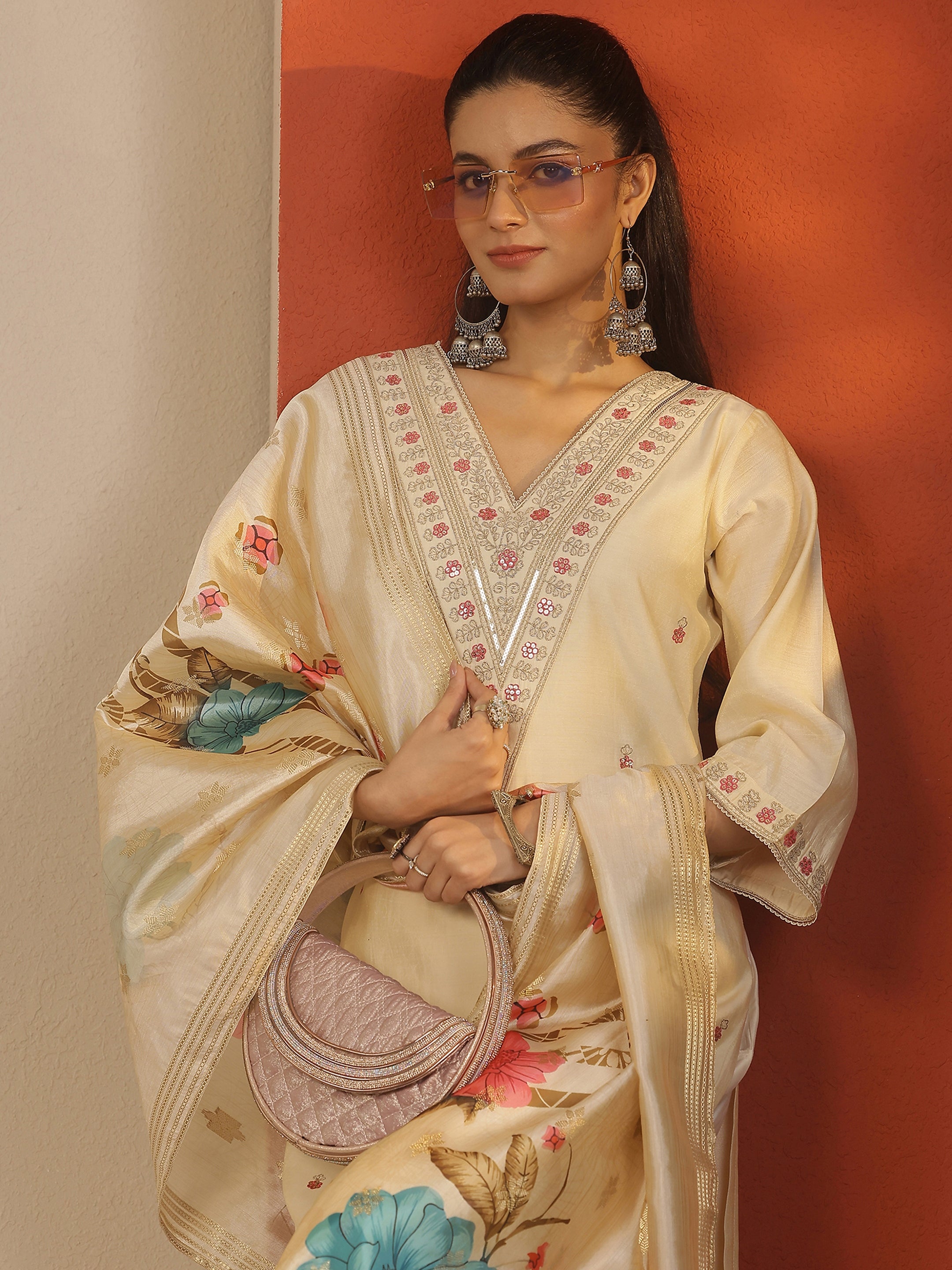 libas Cream Embroidered Silk Blend Straight Suit Set With Dupatta-picture-10