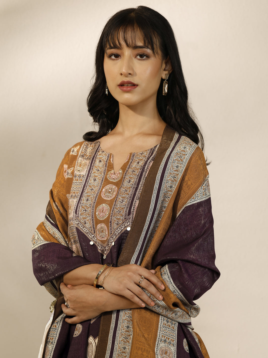  Mustard Printed Silk blend Straight Suit Set With Dupatta 