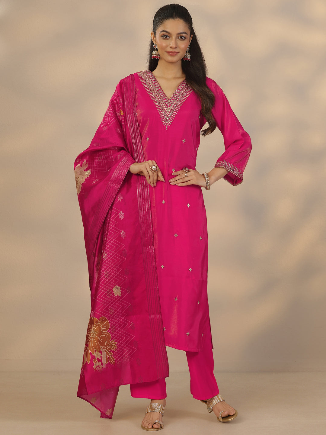  Pink Embroidered Silk Blend Straight Suit Set With Dupatta 