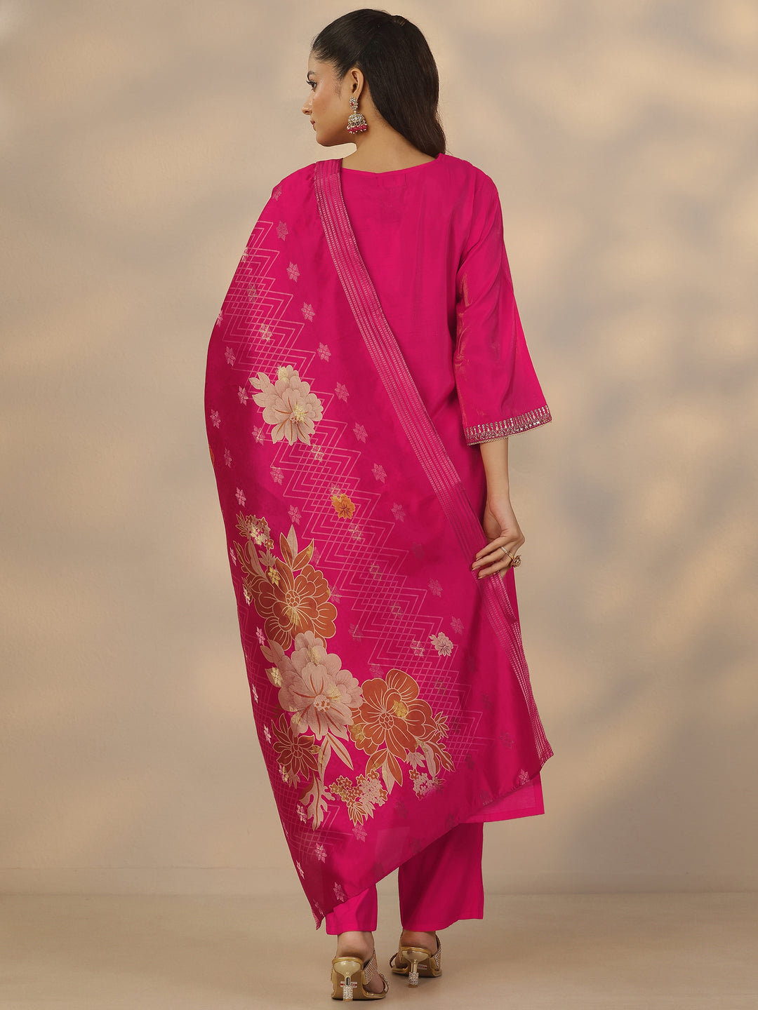  Pink Embroidered Silk Blend Straight Suit Set With Dupatta 