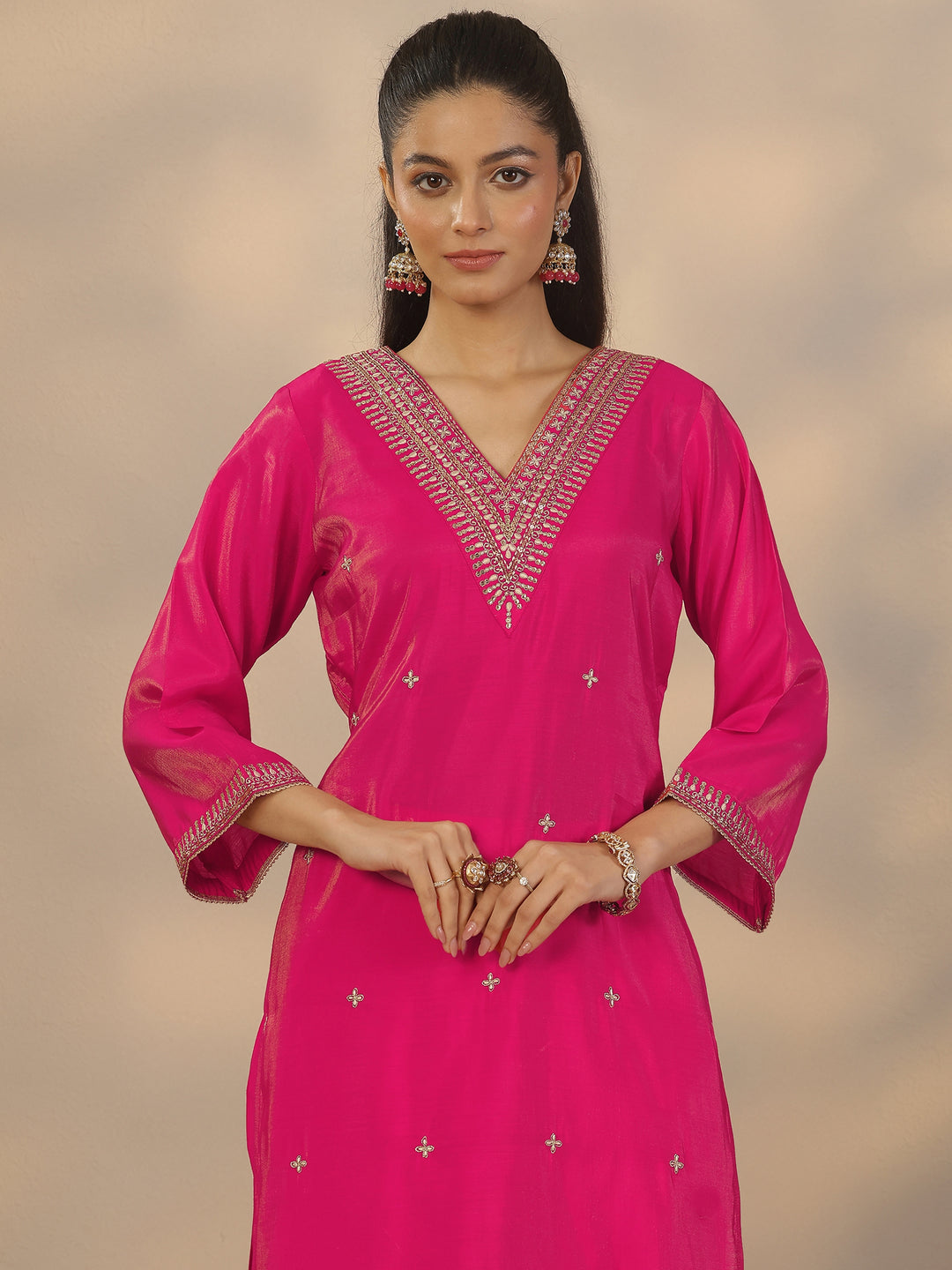  Pink Embroidered Silk Blend Straight Suit Set With Dupatta 