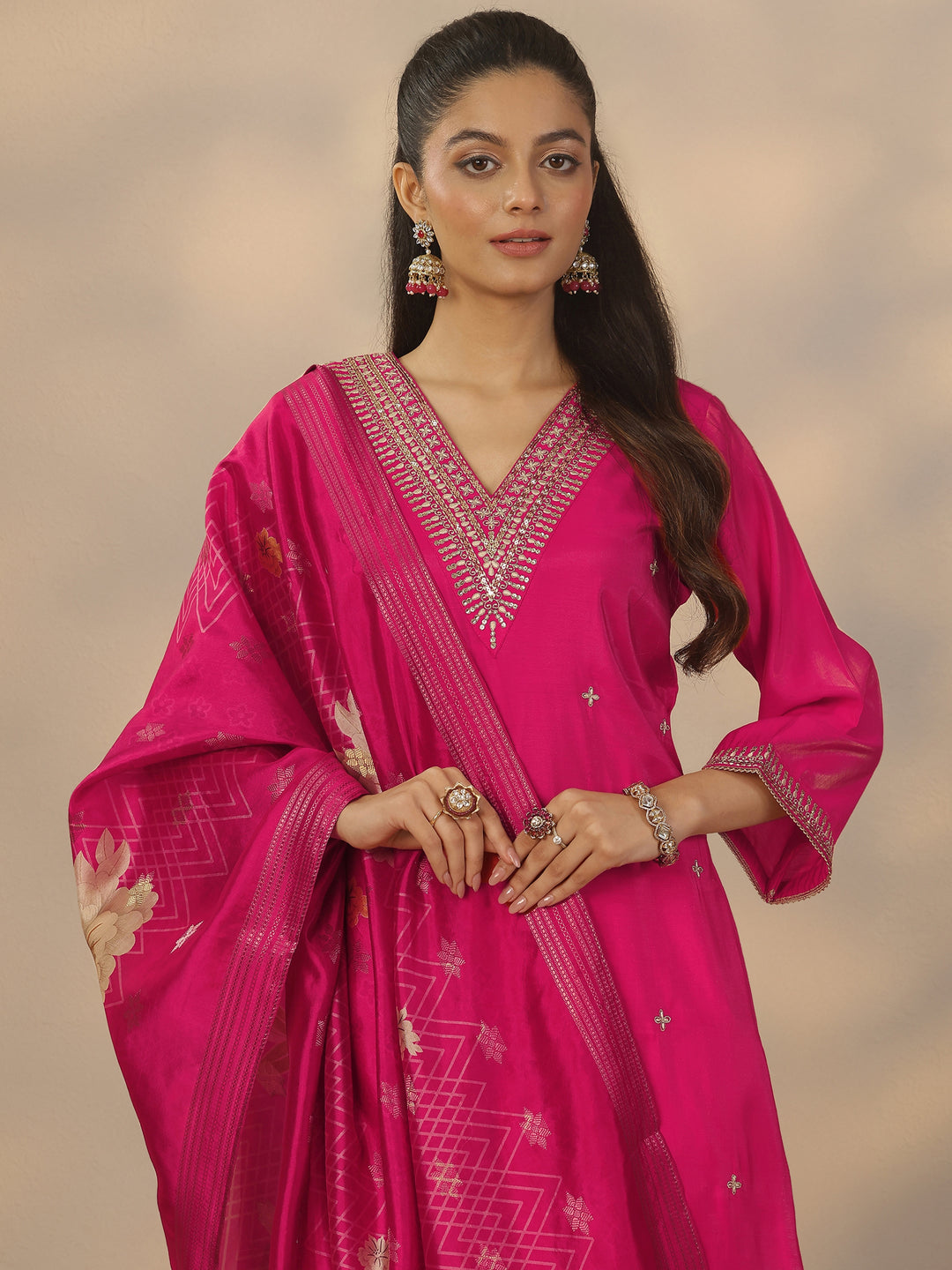  Pink Embroidered Silk Blend Straight Suit Set With Dupatta 