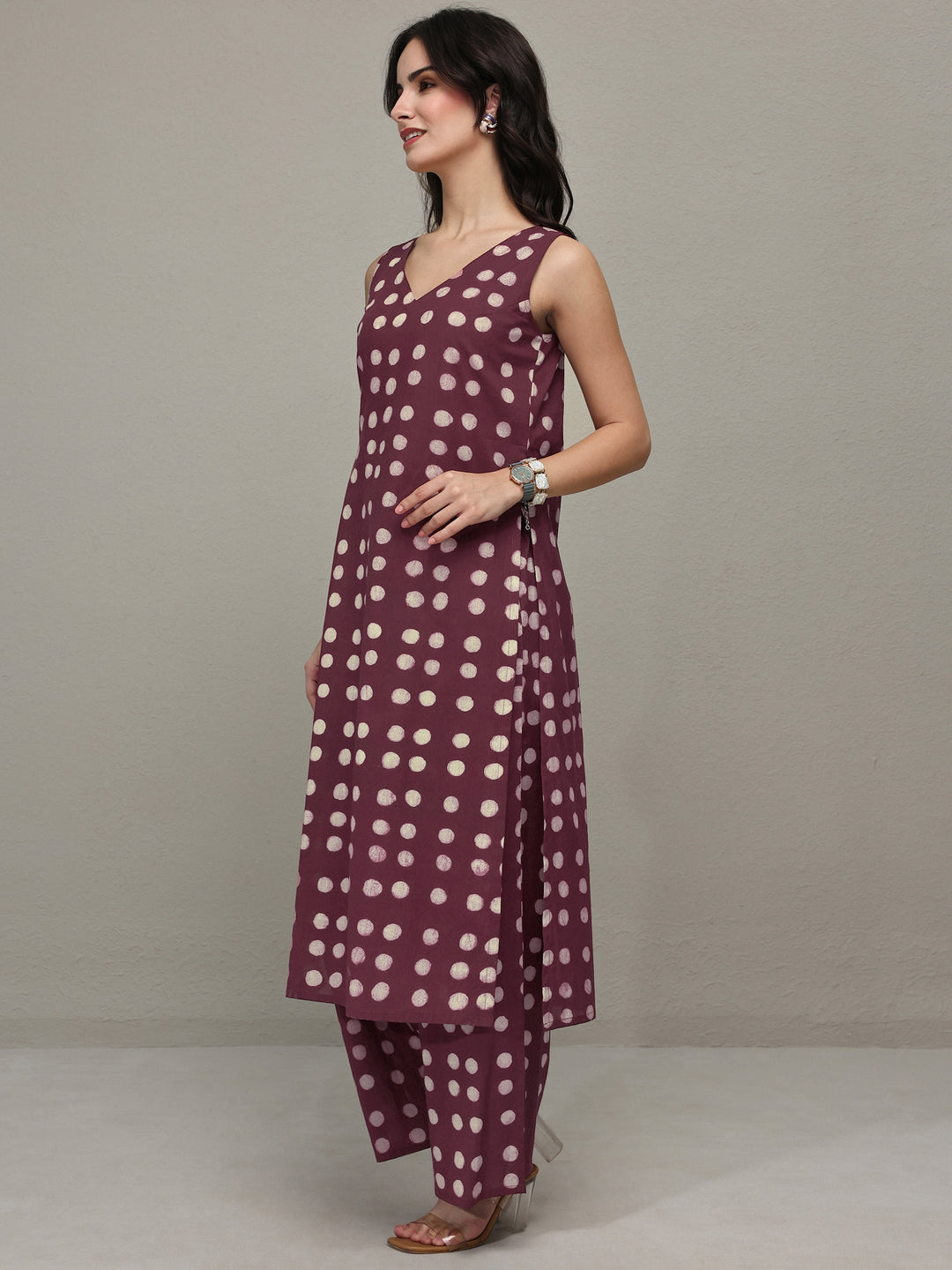  Burgundy Polka Dot Printed Cotton Co-Ord Set 