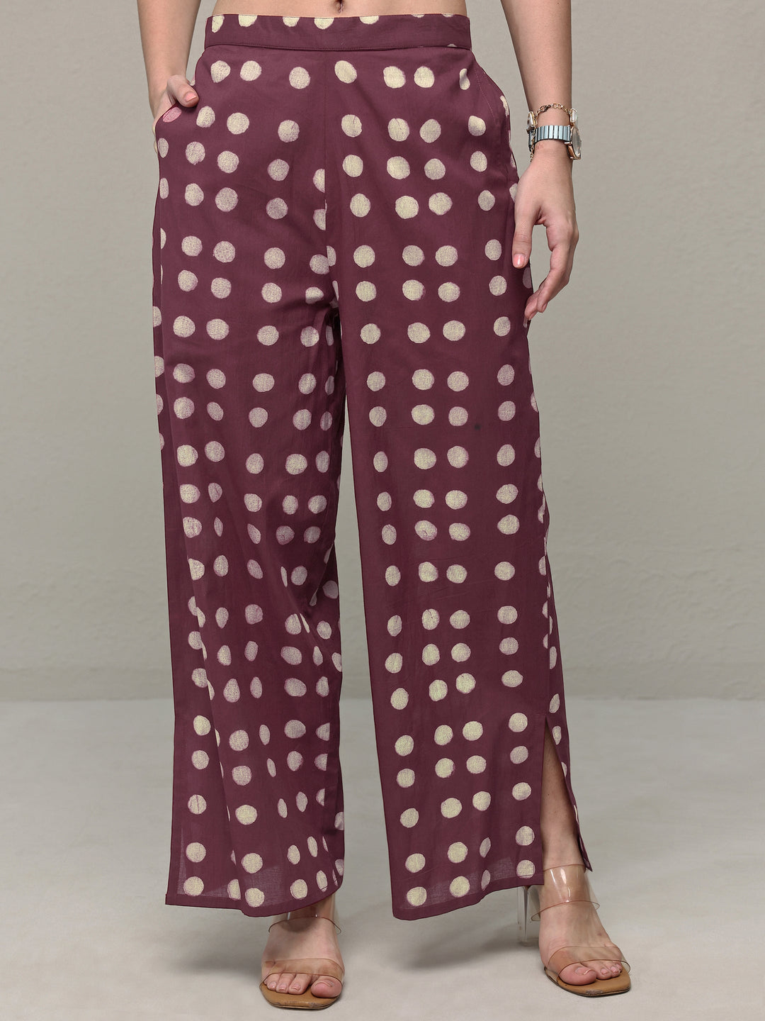  Burgundy Polka Dot Printed Cotton Co-Ord Set 