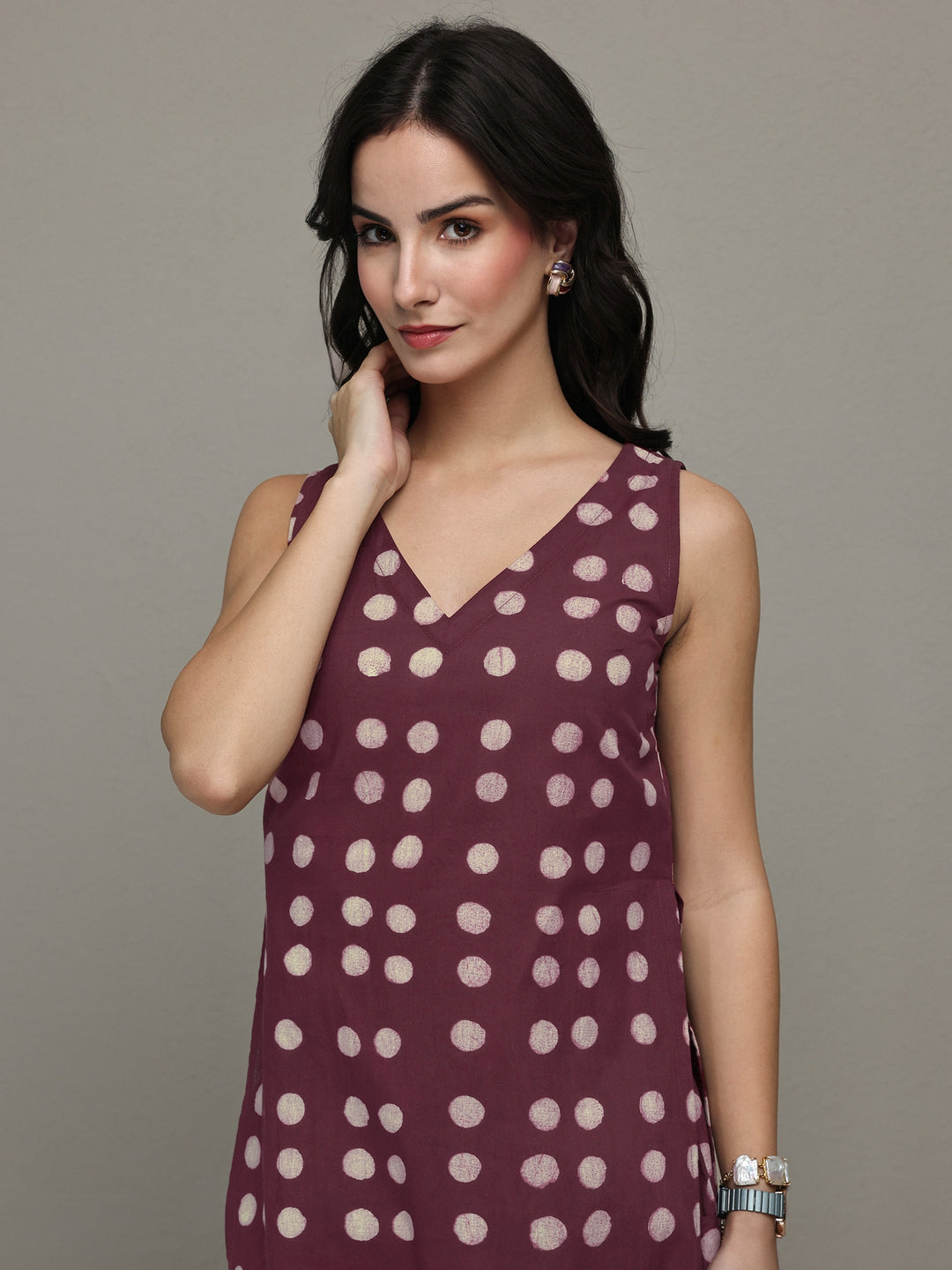  Burgundy Polka Dot Printed Cotton Co-Ord Set 