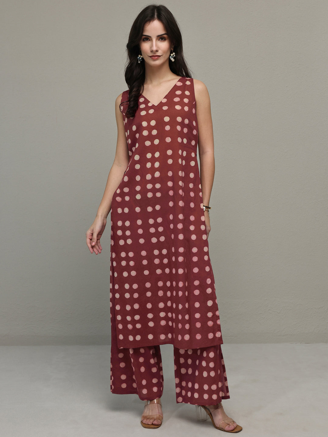  Maroon Polka Dot Printed Cotton Co-Ord Set 