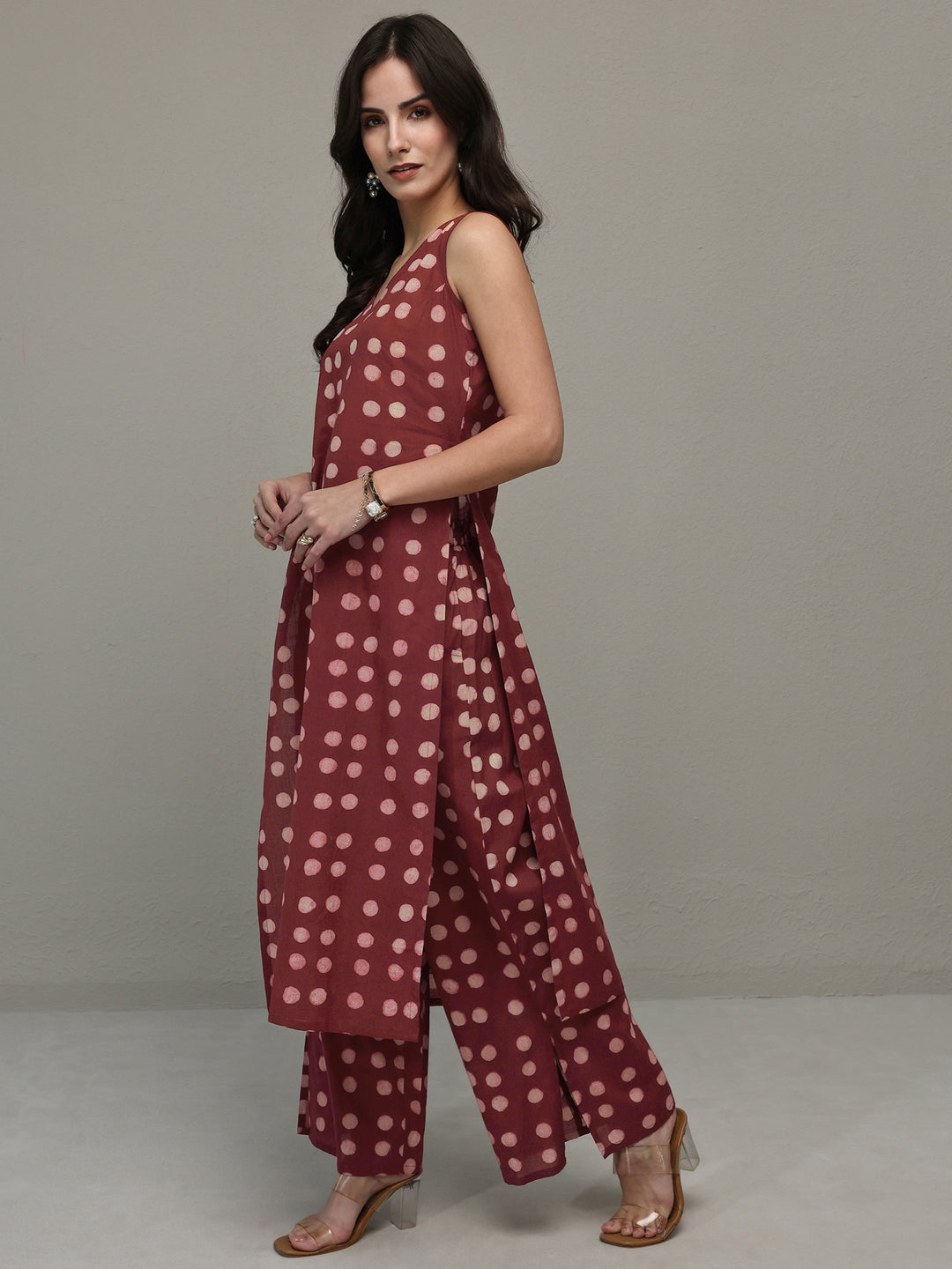  Maroon Polka Dot Printed Cotton Co-Ord Set 