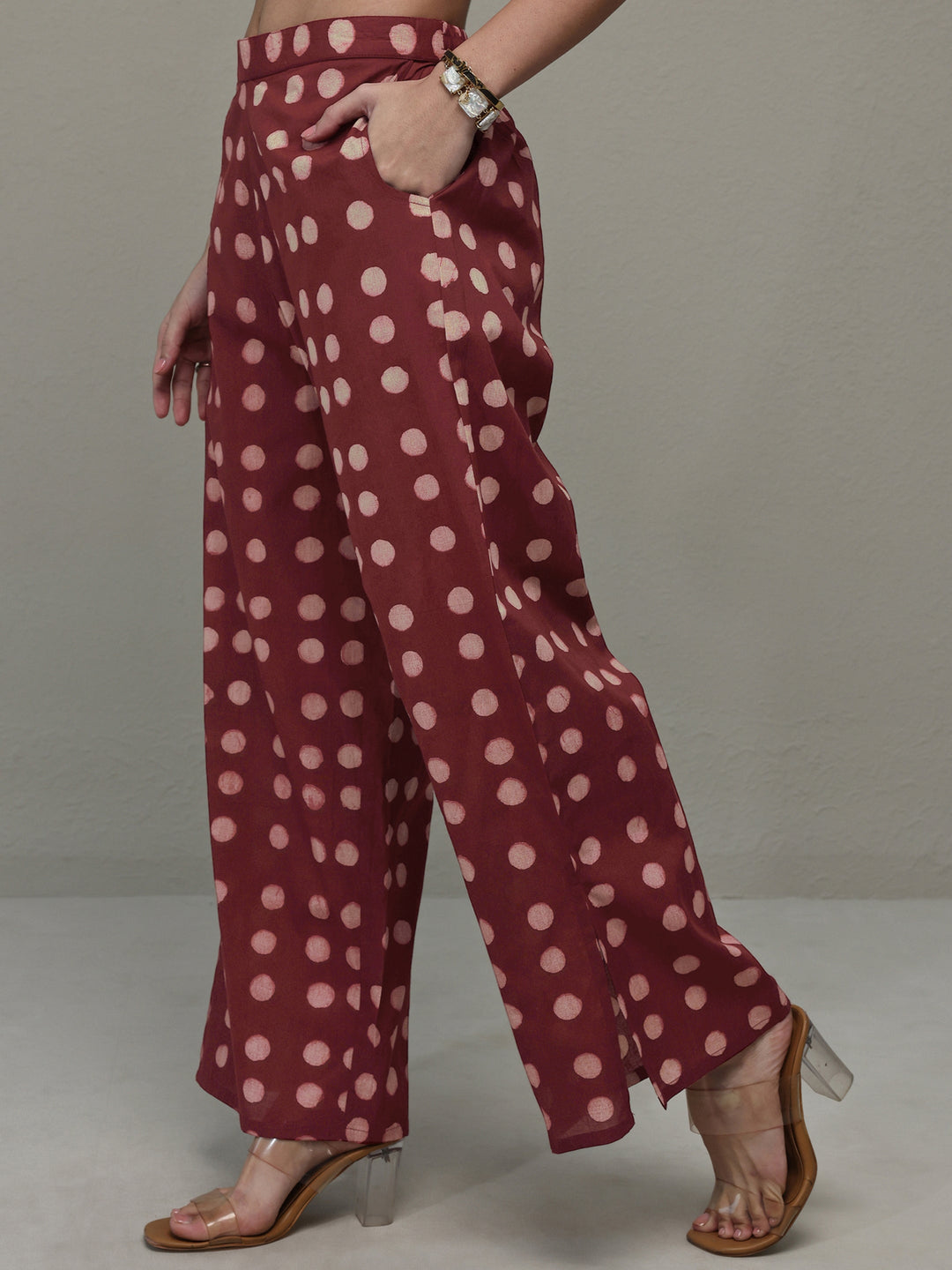  Maroon Polka Dot Printed Cotton Co-Ord Set 