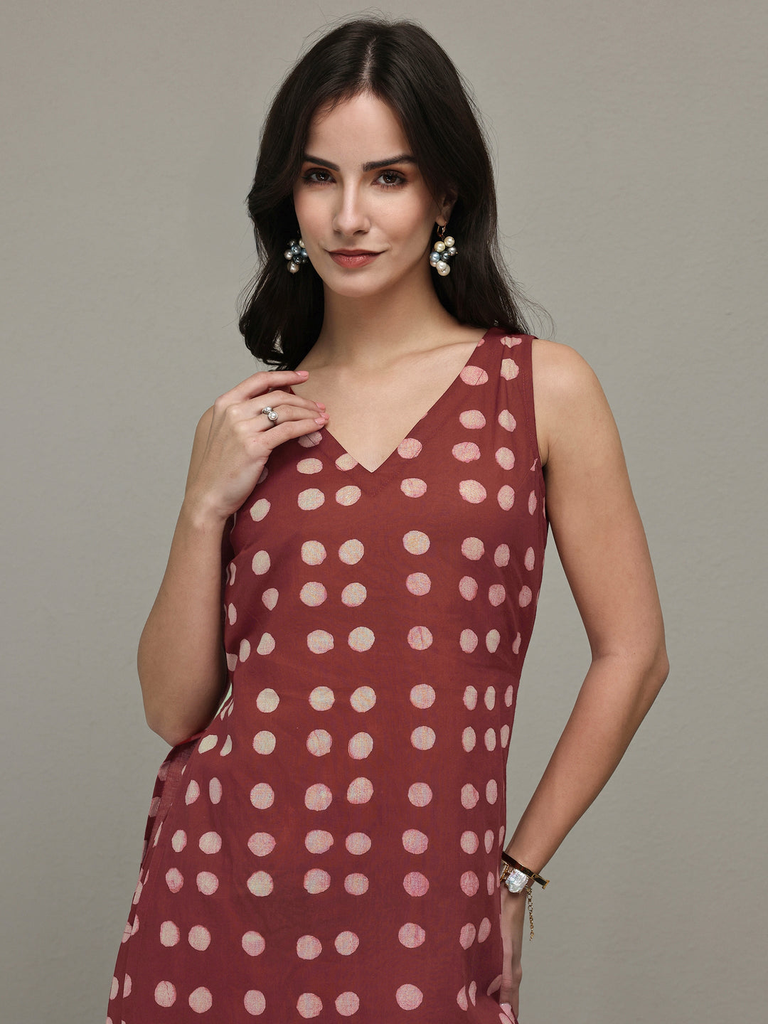 Maroon Polka Dot Printed Cotton Co-Ord Set 