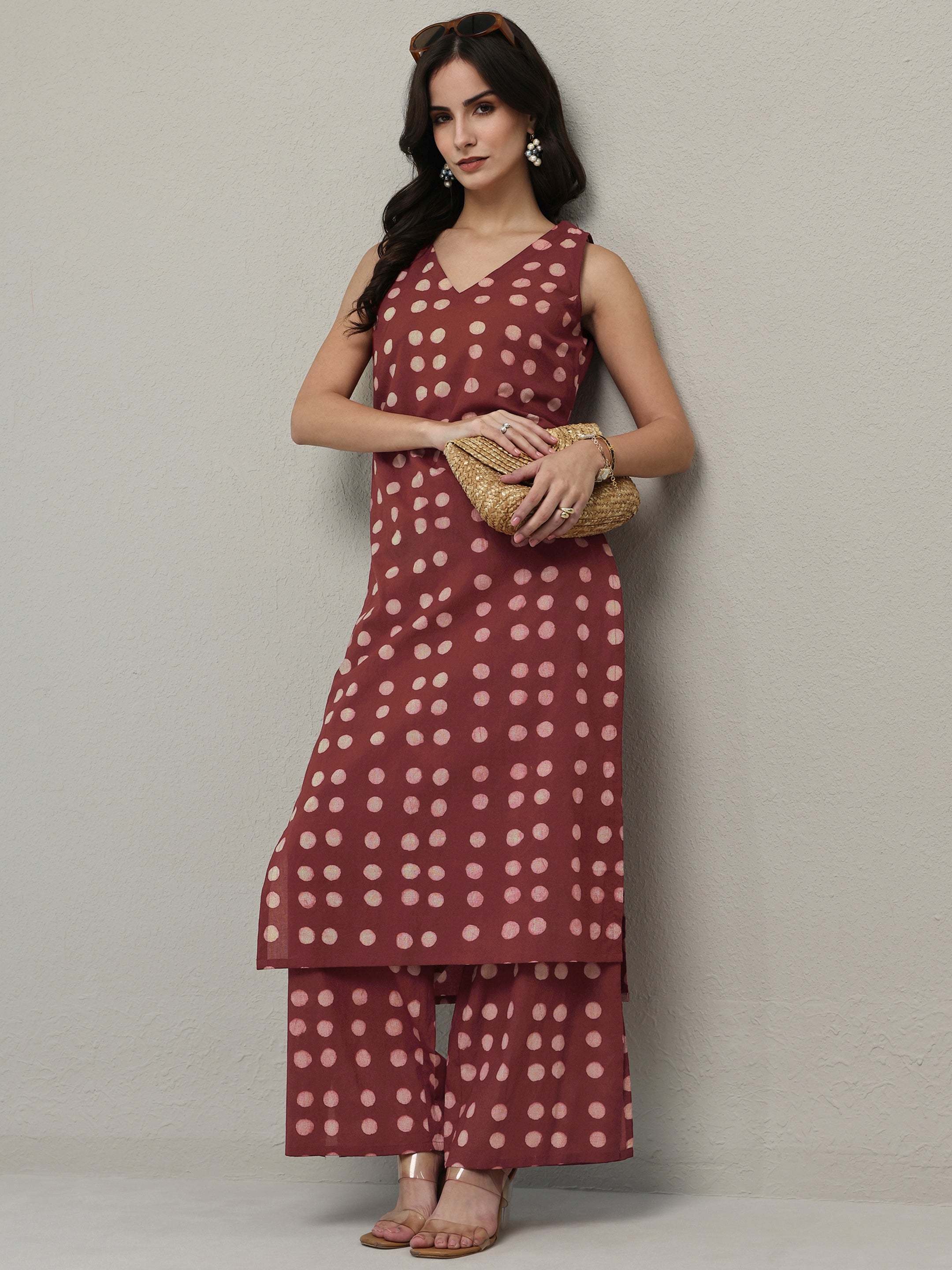 Maroon Polka Dot Printed Cotton Co-Ord Set-image-2