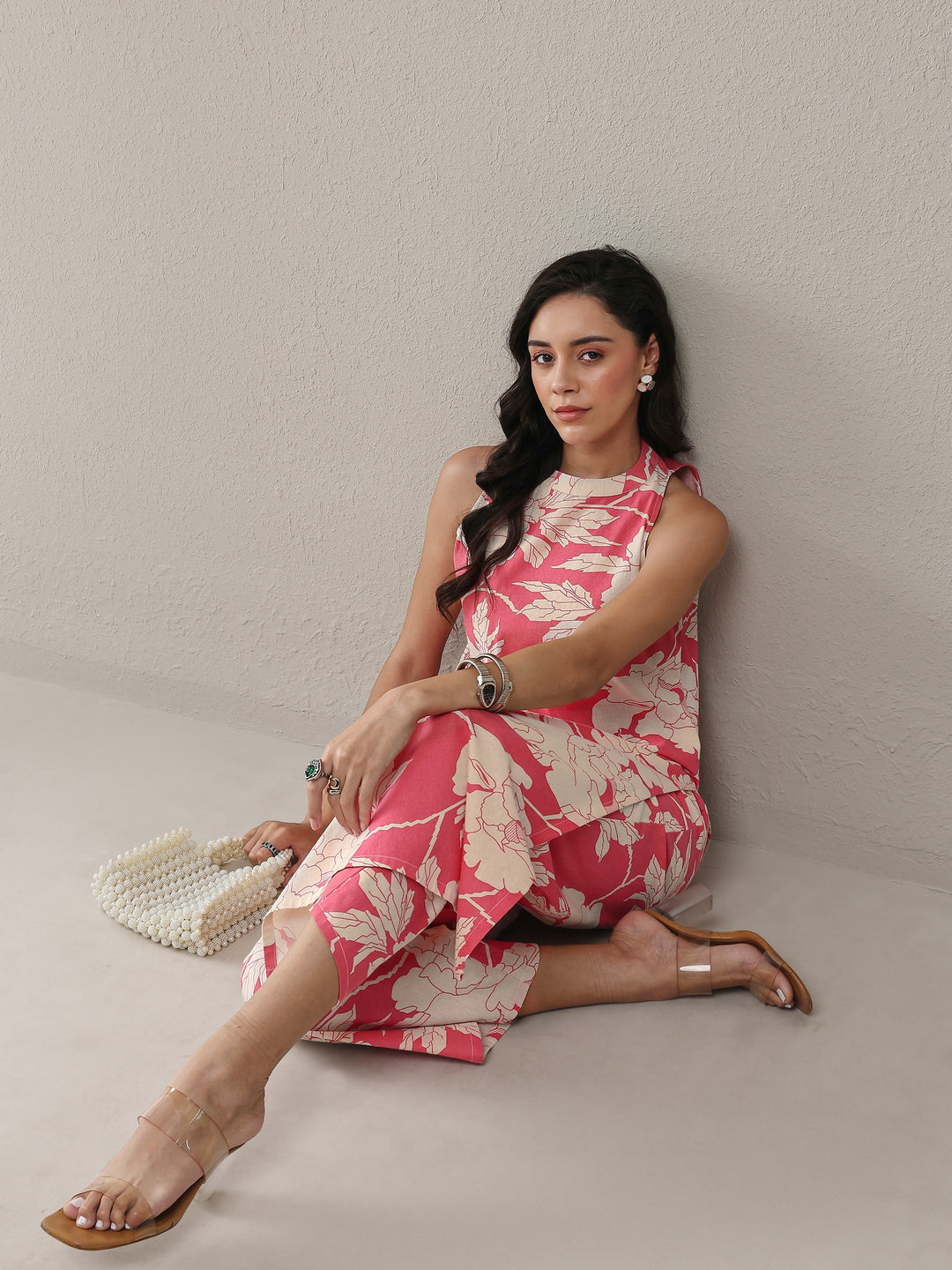  Pink Floral Printed Cotton Straight Kurta Set 