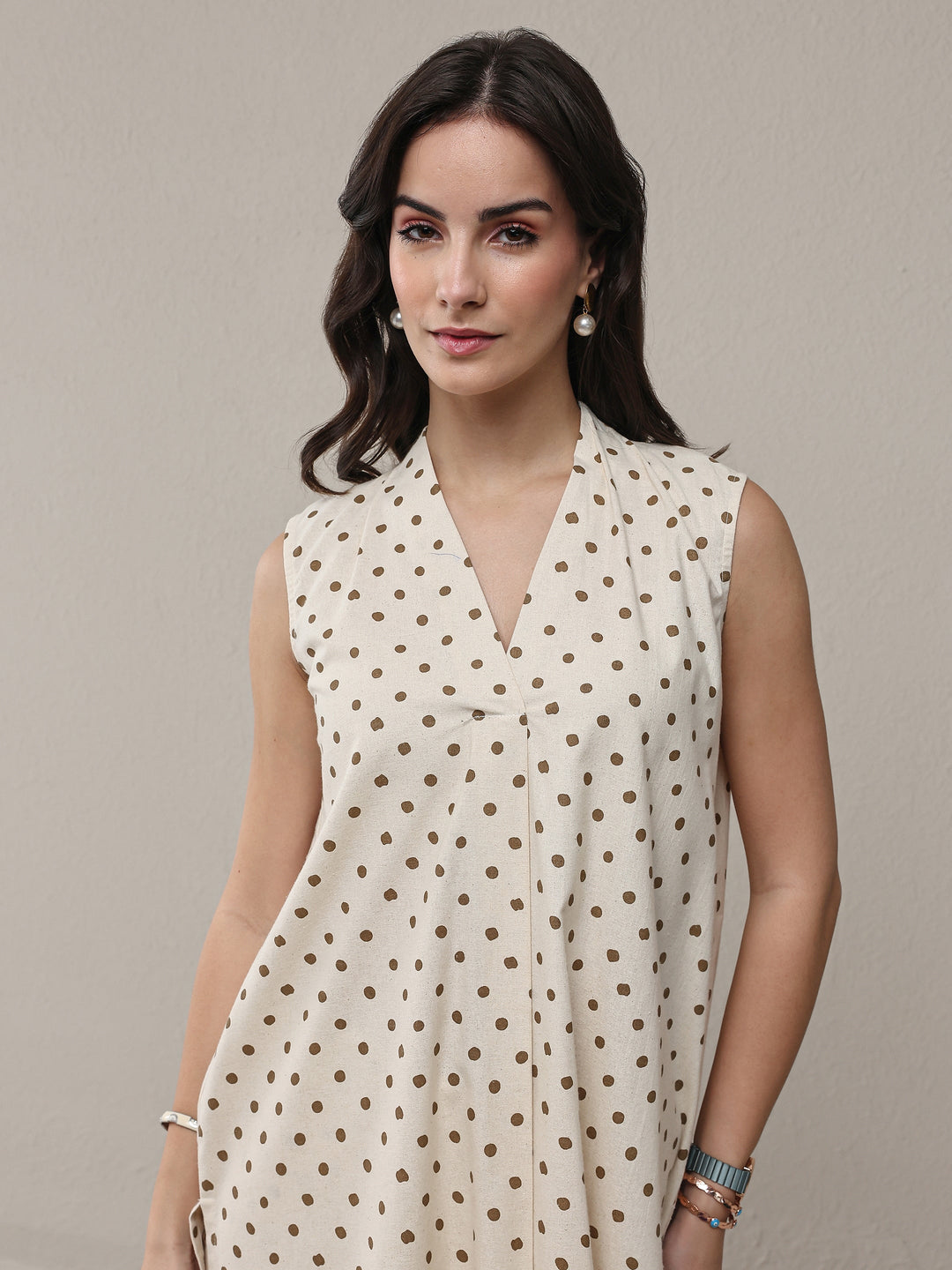  Off White Polka Dot Printed Cotton Co-Ord Set 