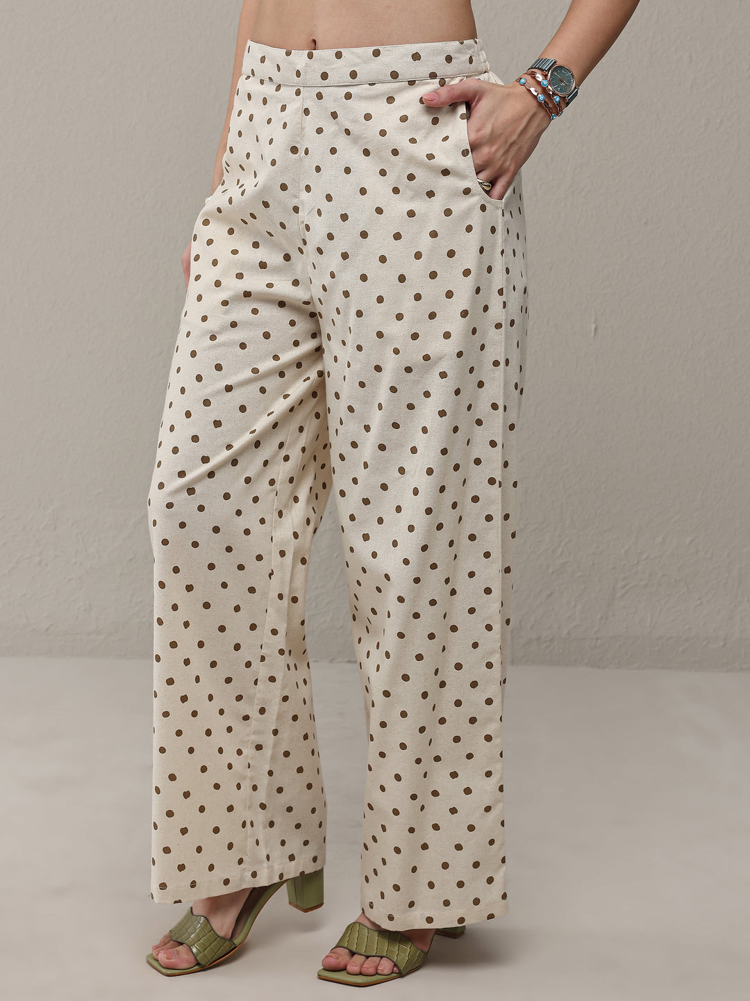  Off White Polka Dot Printed Cotton Co-Ord Set 