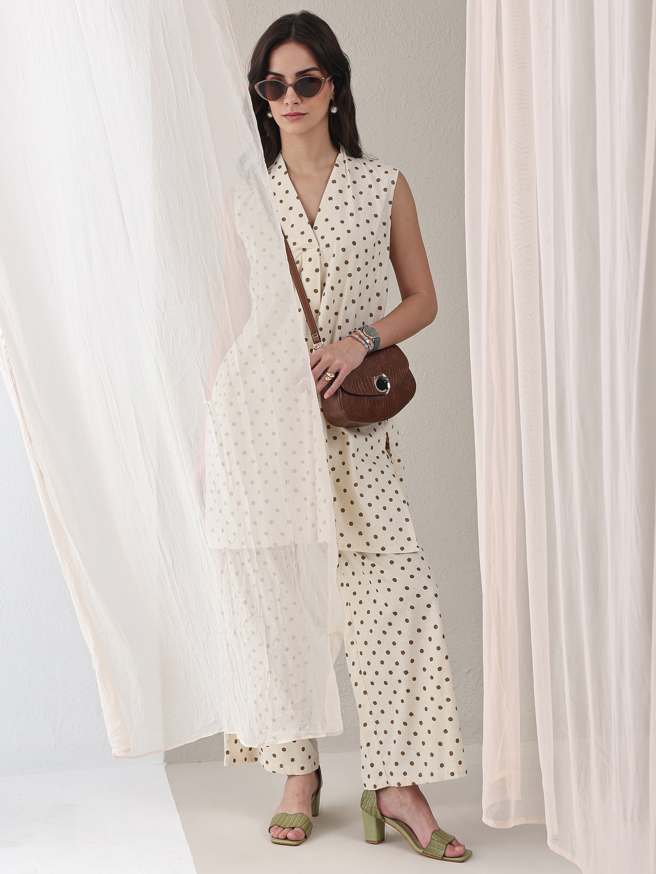 Off White Polka Dot Printed Cotton Co-Ord Set-image-44