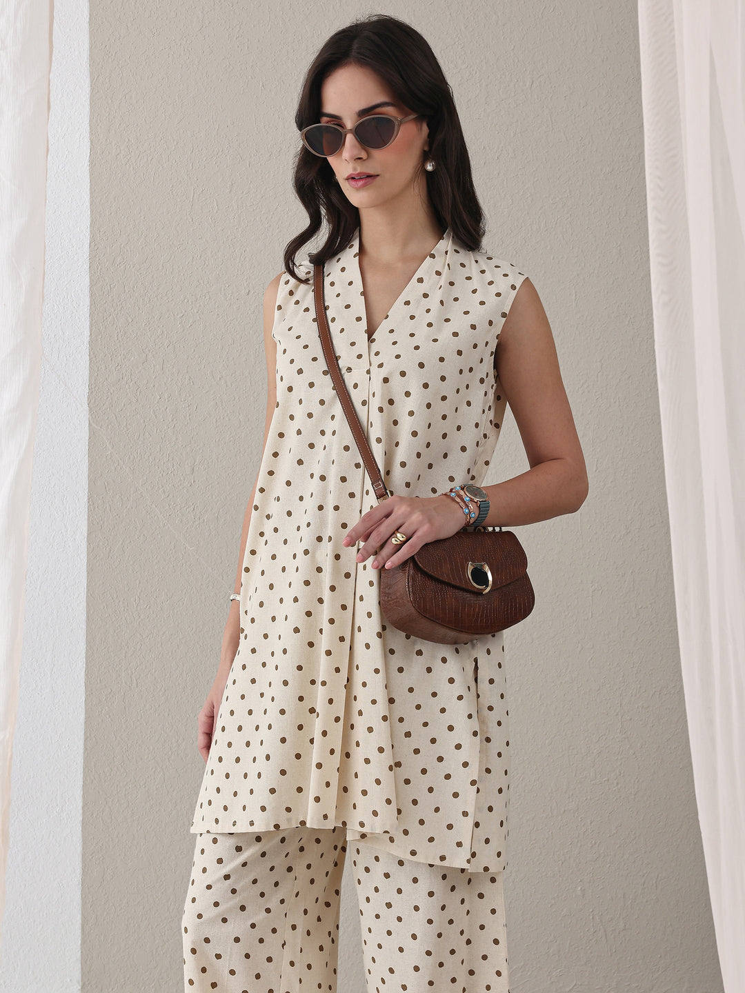  Off White Polka Dot Printed Cotton Co-Ord Set 