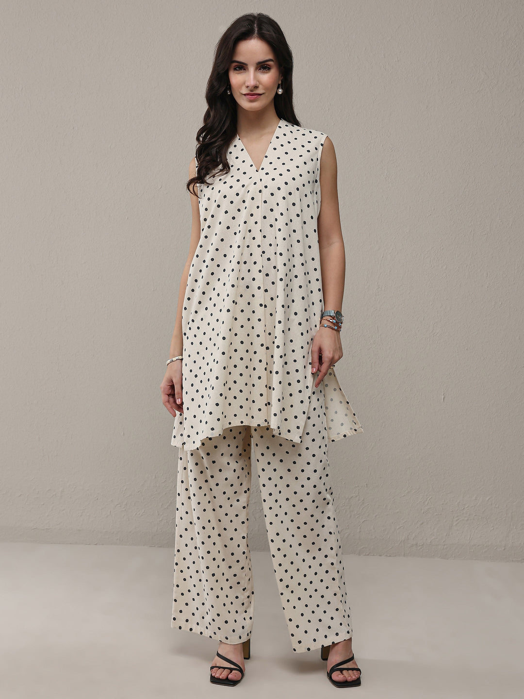  Off White Polka Dot Printed Cotton Co-Ord Set 