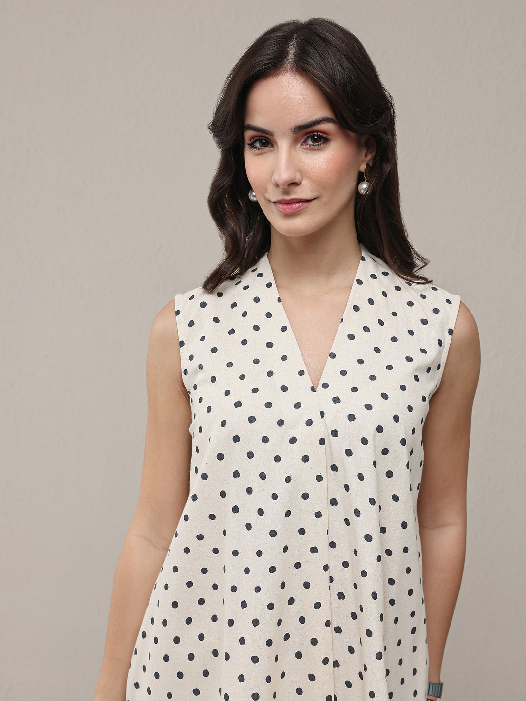  Off White Polka Dot Printed Cotton Co-Ord Set 