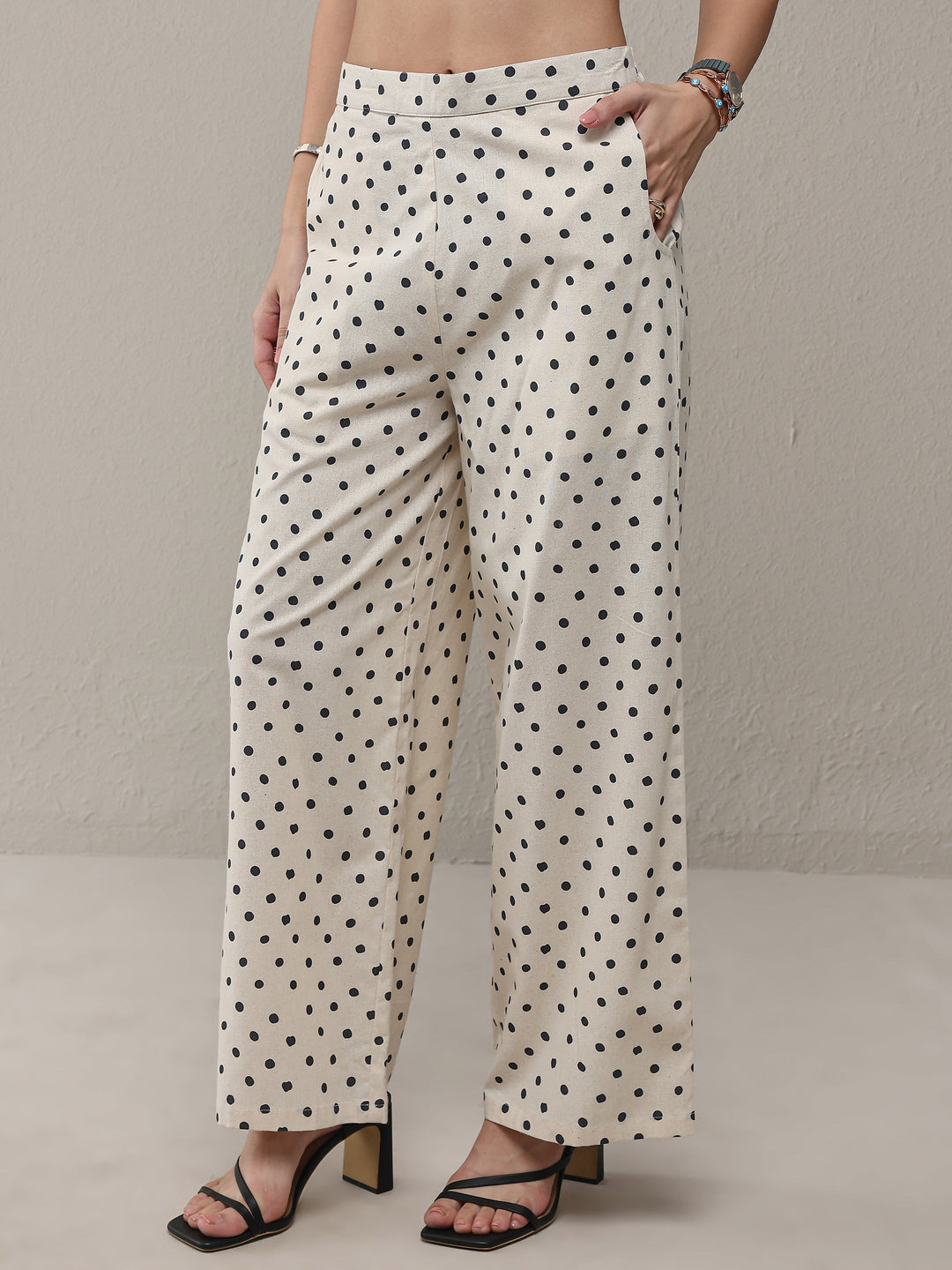  Off White Polka Dot Printed Cotton Co-Ord Set 