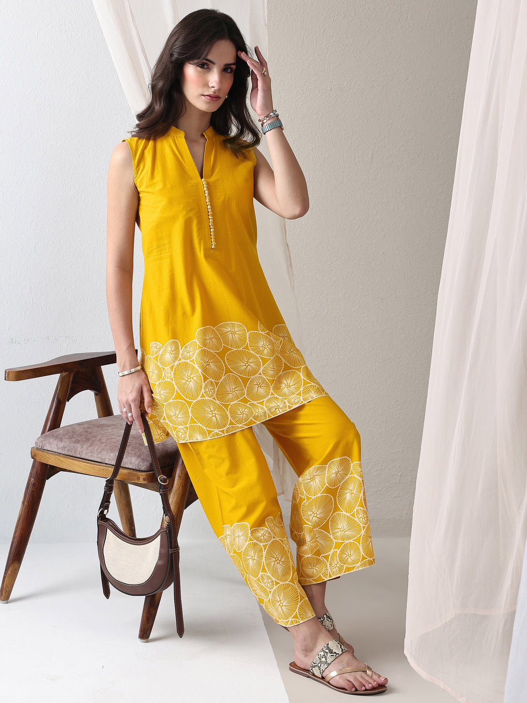  Mustard Floral Printed Cotton Co-Ord Set 