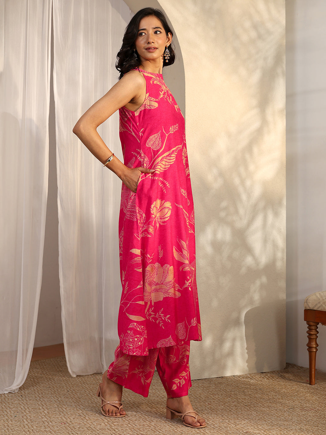  Red Printed Silk Blend A-Line Kurta Set 