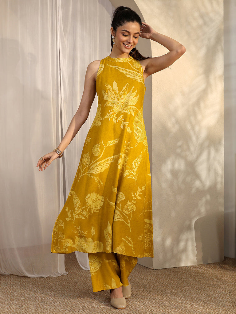 Libas Mustard Printed Silk Blend A-Line Kurta Set