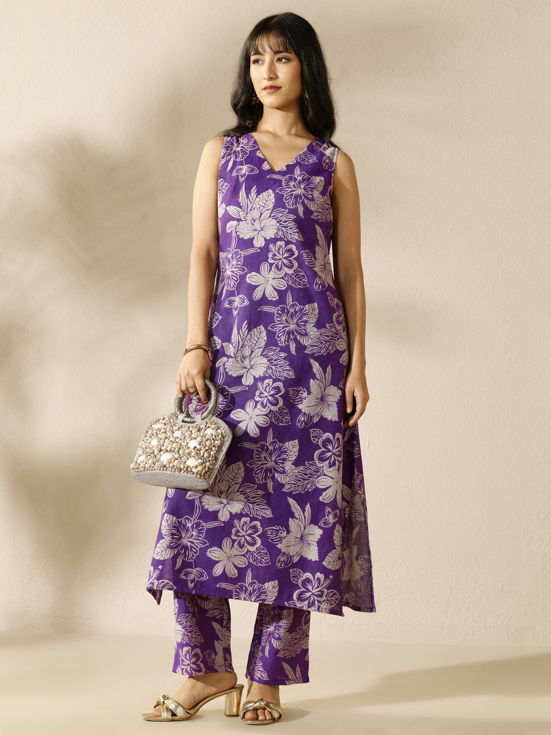 Purple Printed Silk Blend Co-Ord Set 