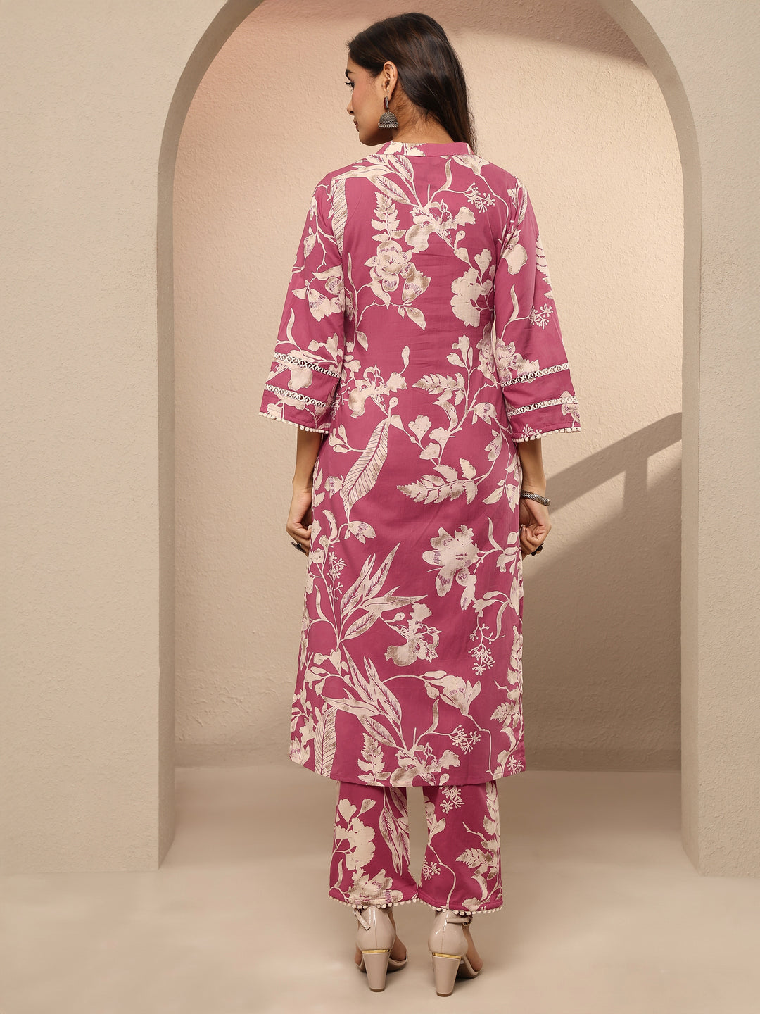  Pink Printed Cotton Straight Kurta Set 