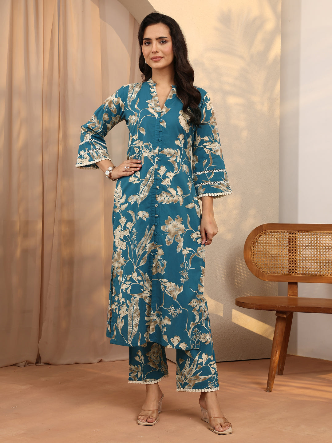  Blue Printed Cotton Straight Kurta Set 