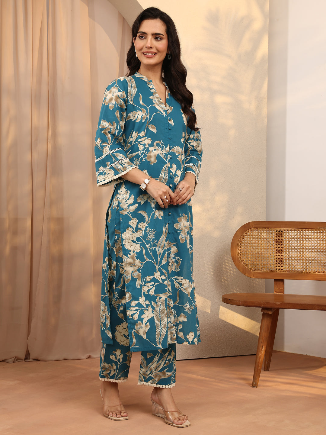  Blue Printed Cotton Straight Kurta Set 