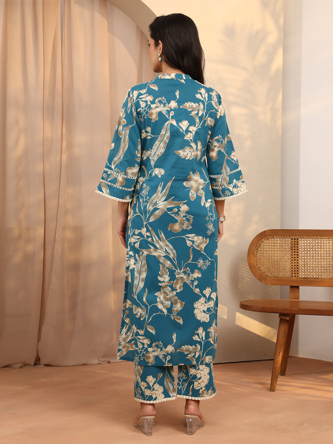  Blue Printed Cotton Straight Kurta Set 