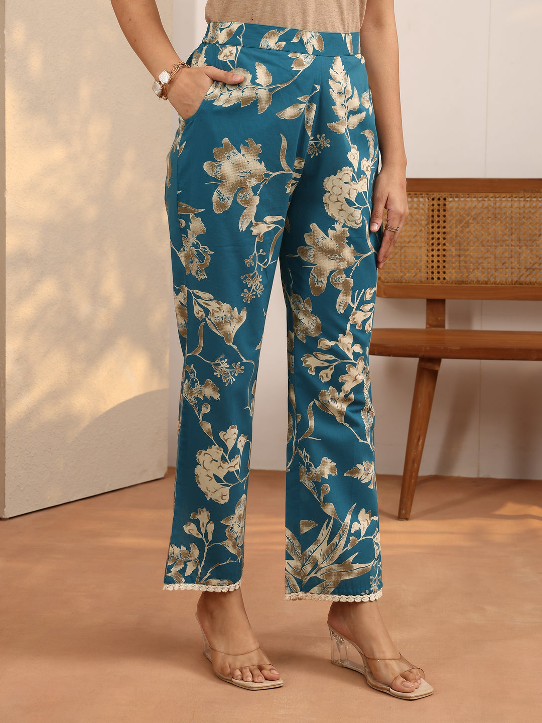  Blue Printed Cotton Straight Kurta Set 