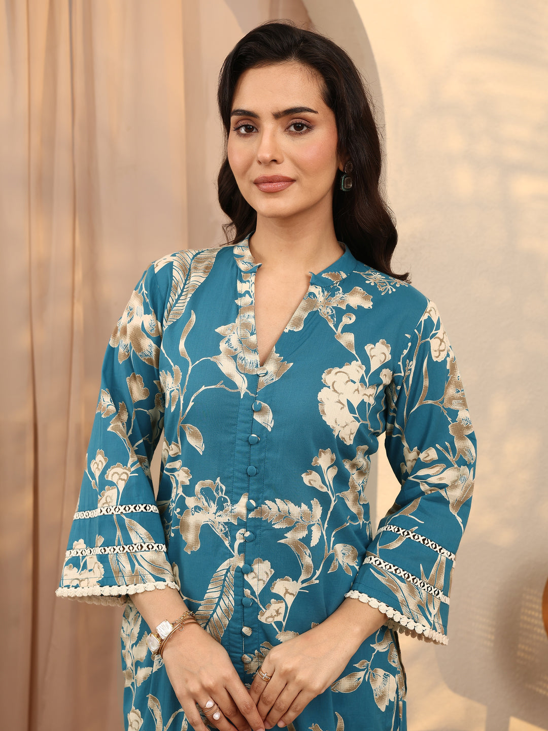  Blue Printed Cotton Straight Kurta Set 