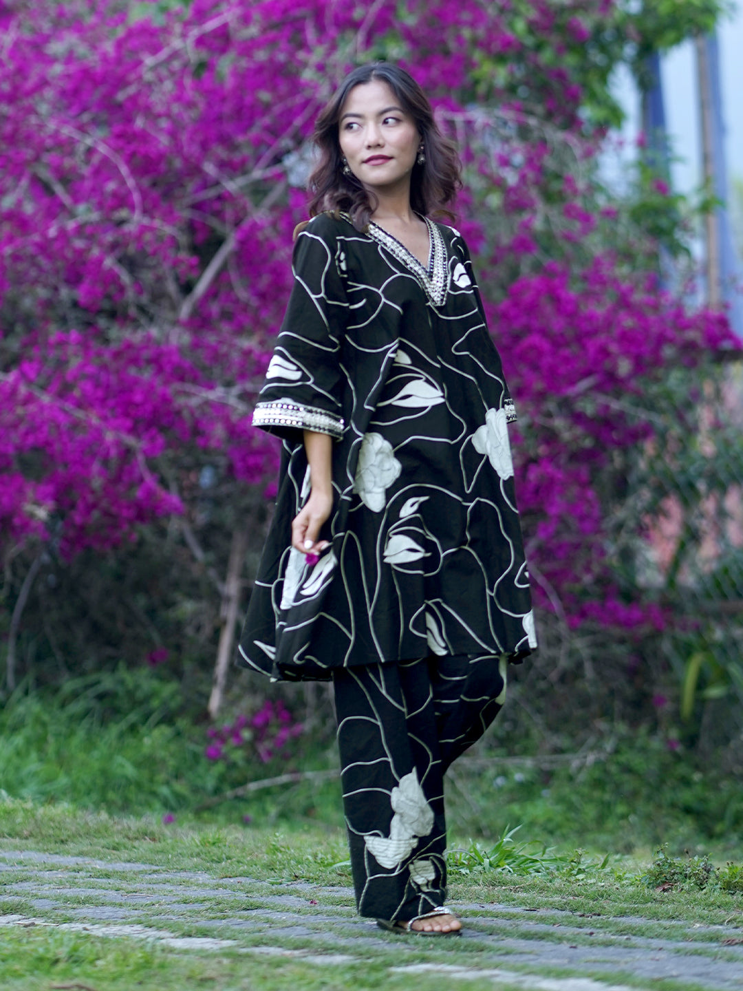  Maria Black Printed Cotton Blend Co-Ord Set 