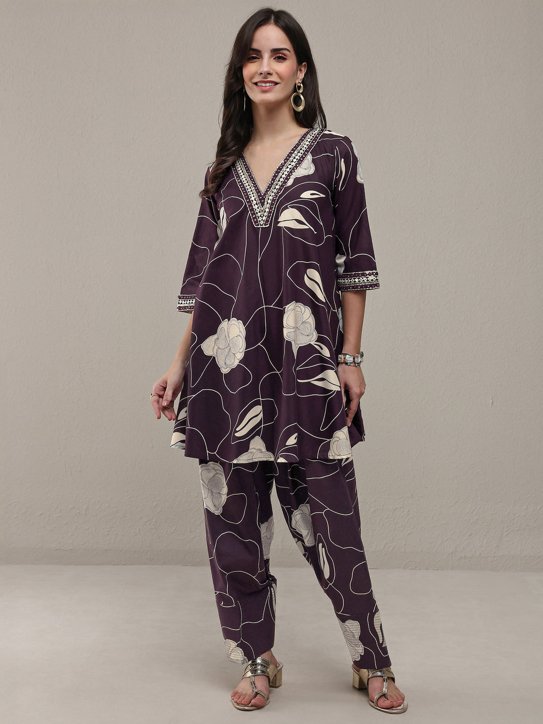  Burgundy Floral Printed Cotton Co-Ord Set 