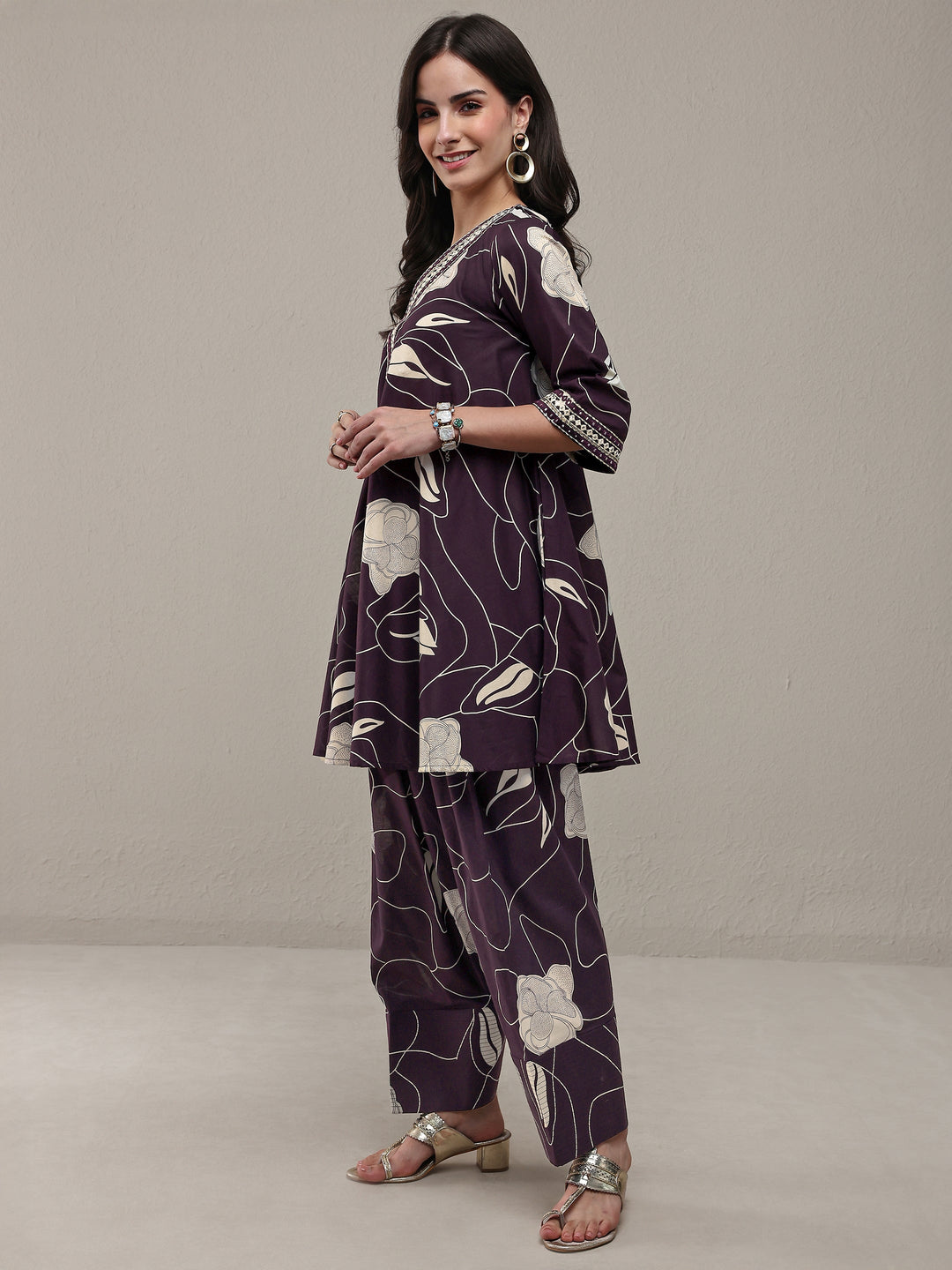  Burgundy Floral Printed Cotton Co-Ord Set 