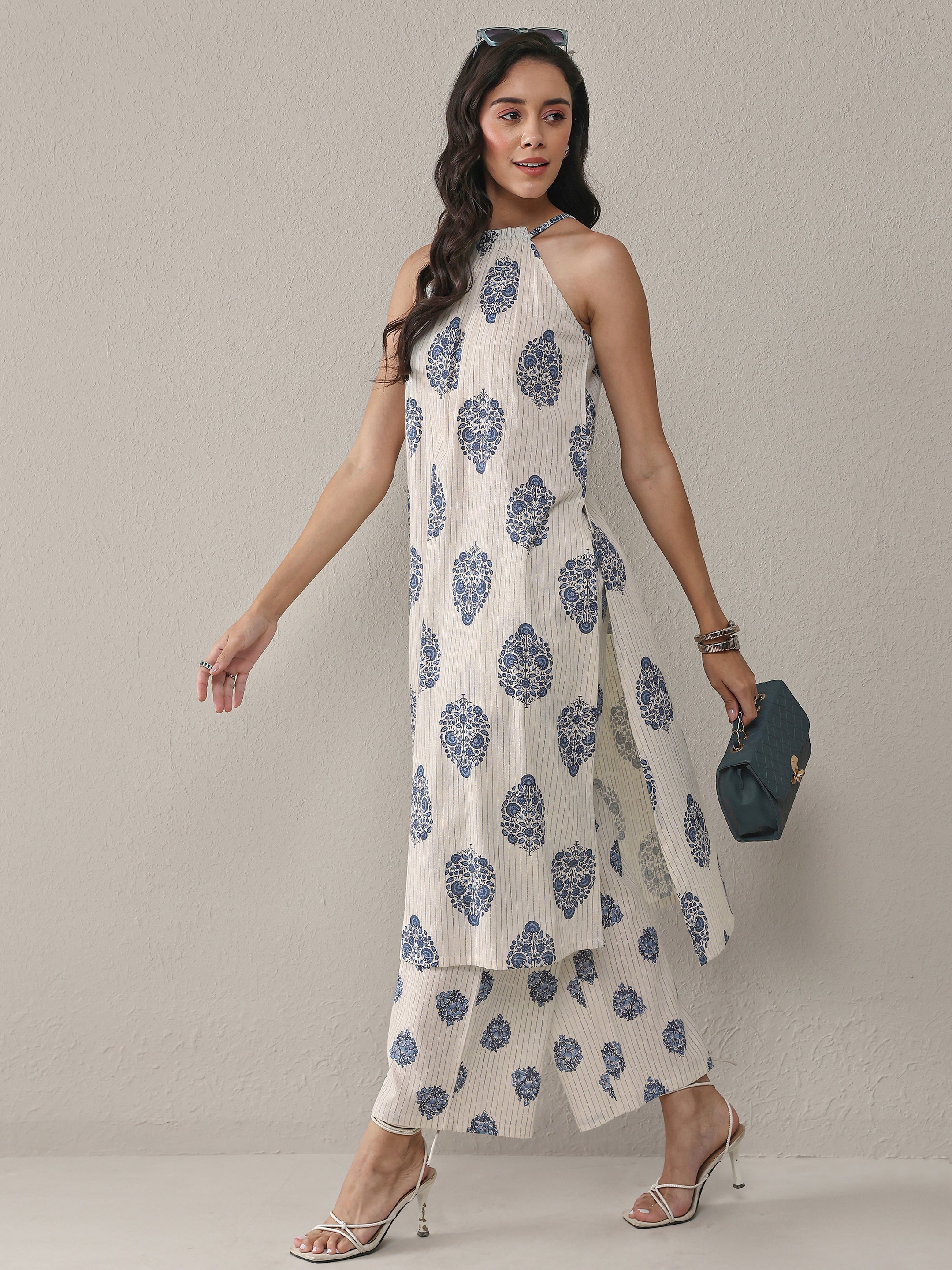 Off White Floral Printed Cotton Co-Ord Set-image-11