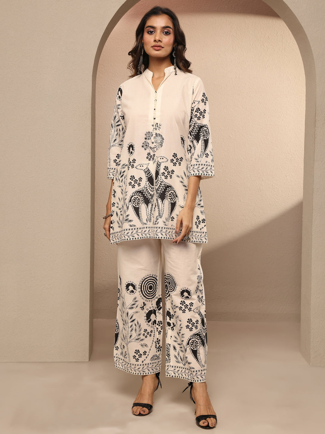  Off White Printed Silk Blend Co-Ord Set 