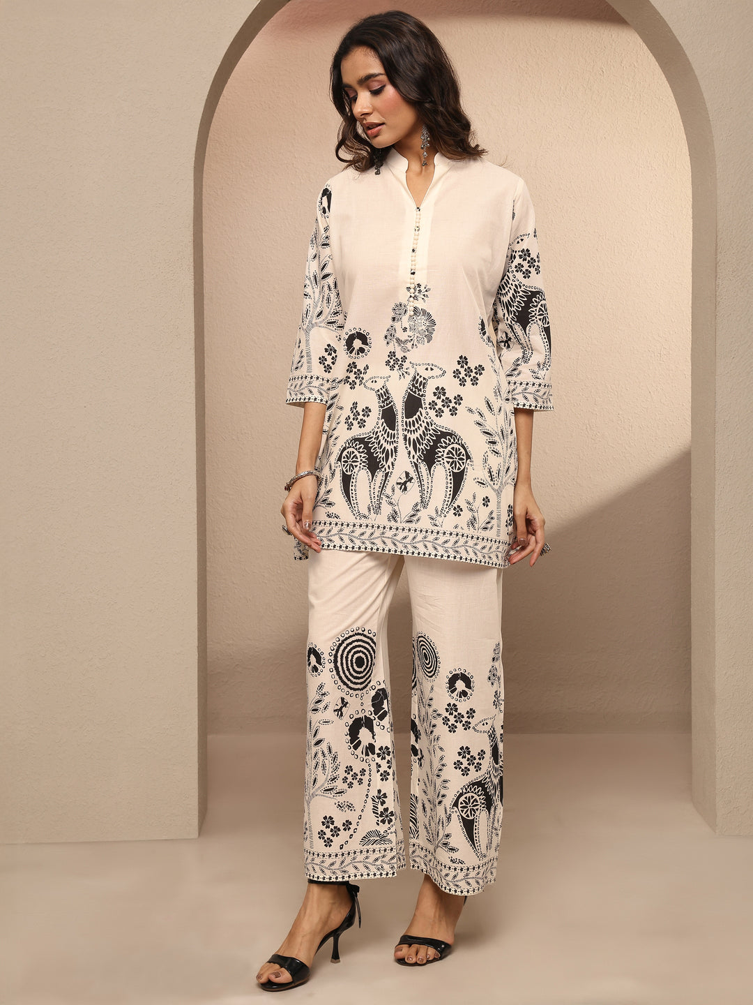  Off White Printed Silk Blend Co-Ord Set 
