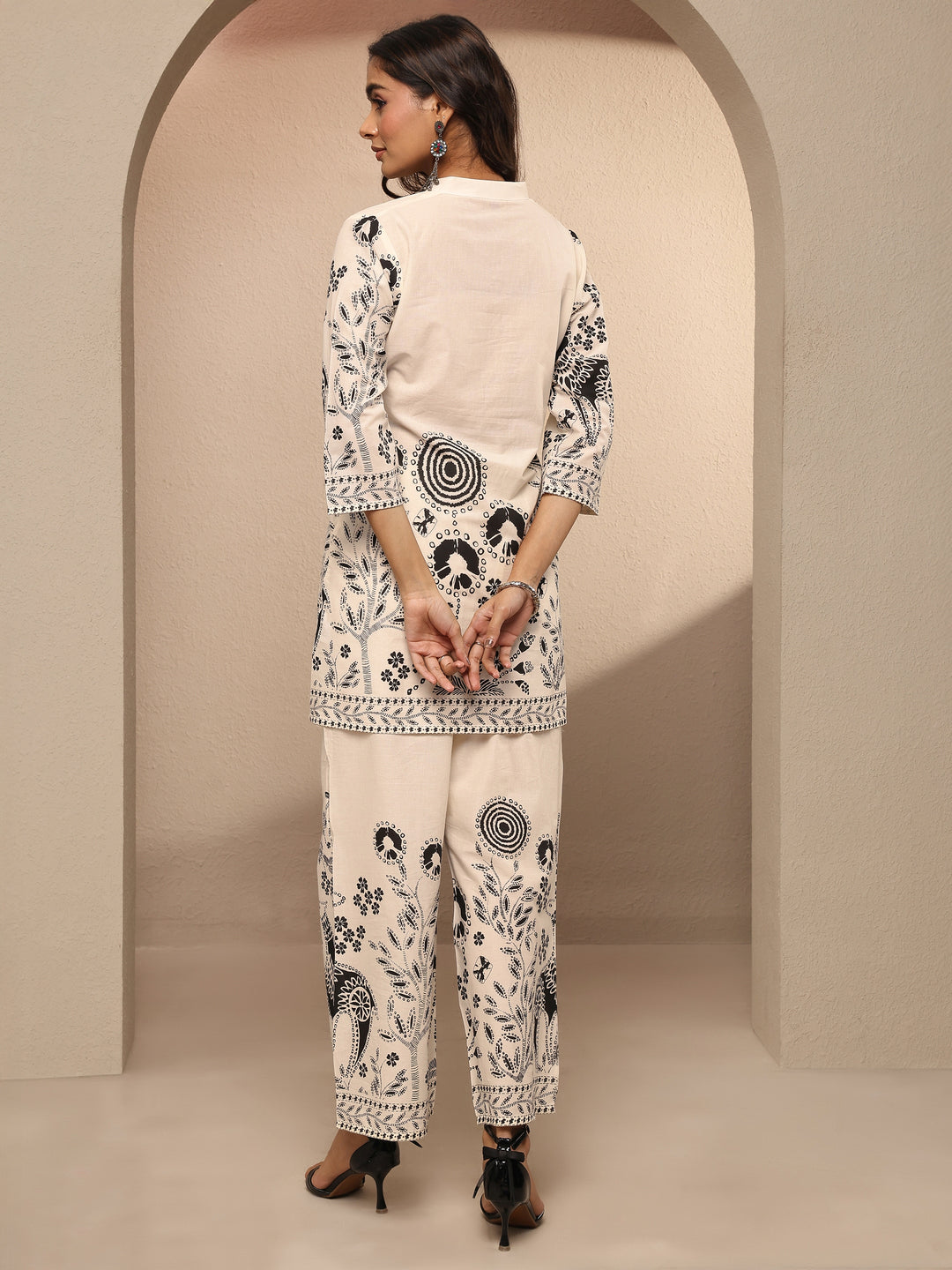  Off White Printed Silk Blend Co-Ord Set 