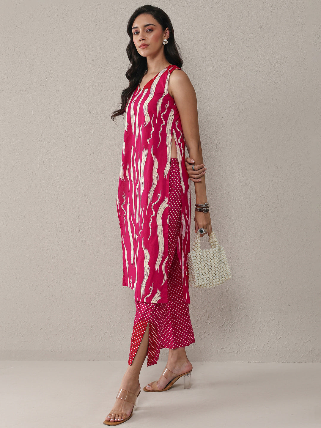  Red Abstarct Printed Cotton Straight Kurta Set 