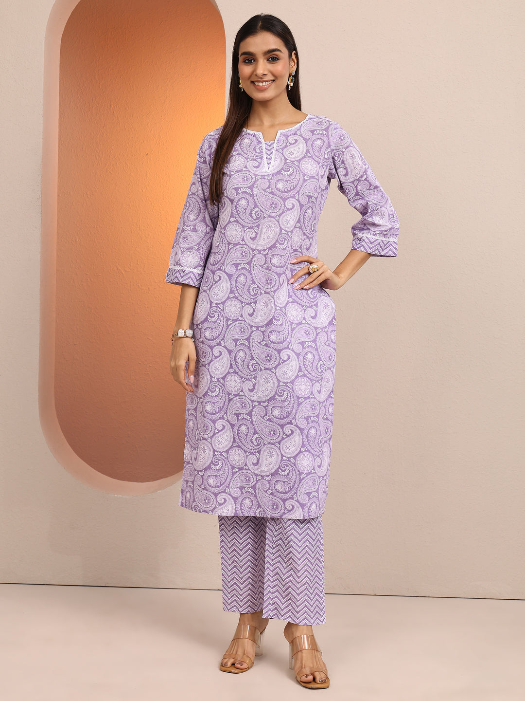  Purple Paisley Printed Cotton Straight Kurta Set 