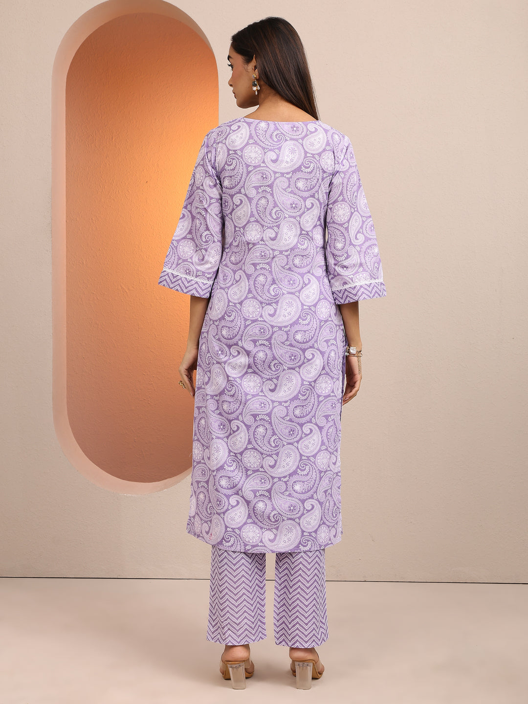  Purple Paisley Printed Cotton Straight Kurta Set 