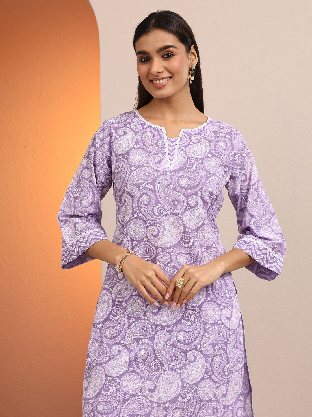  Purple Paisley Printed Cotton Straight Kurta Set 