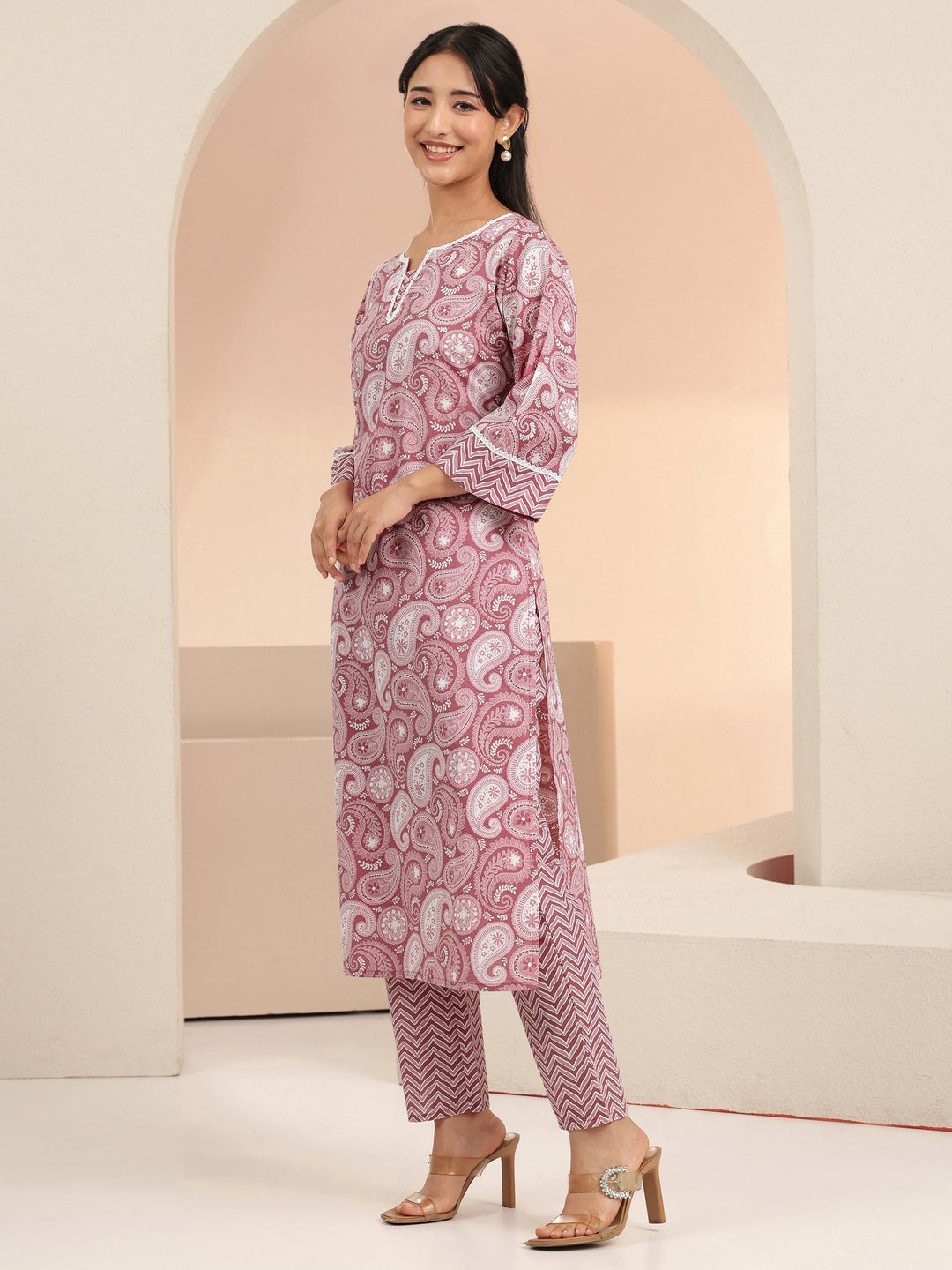  Mauve Paisley Printed Cotton Straight Kurta Set 