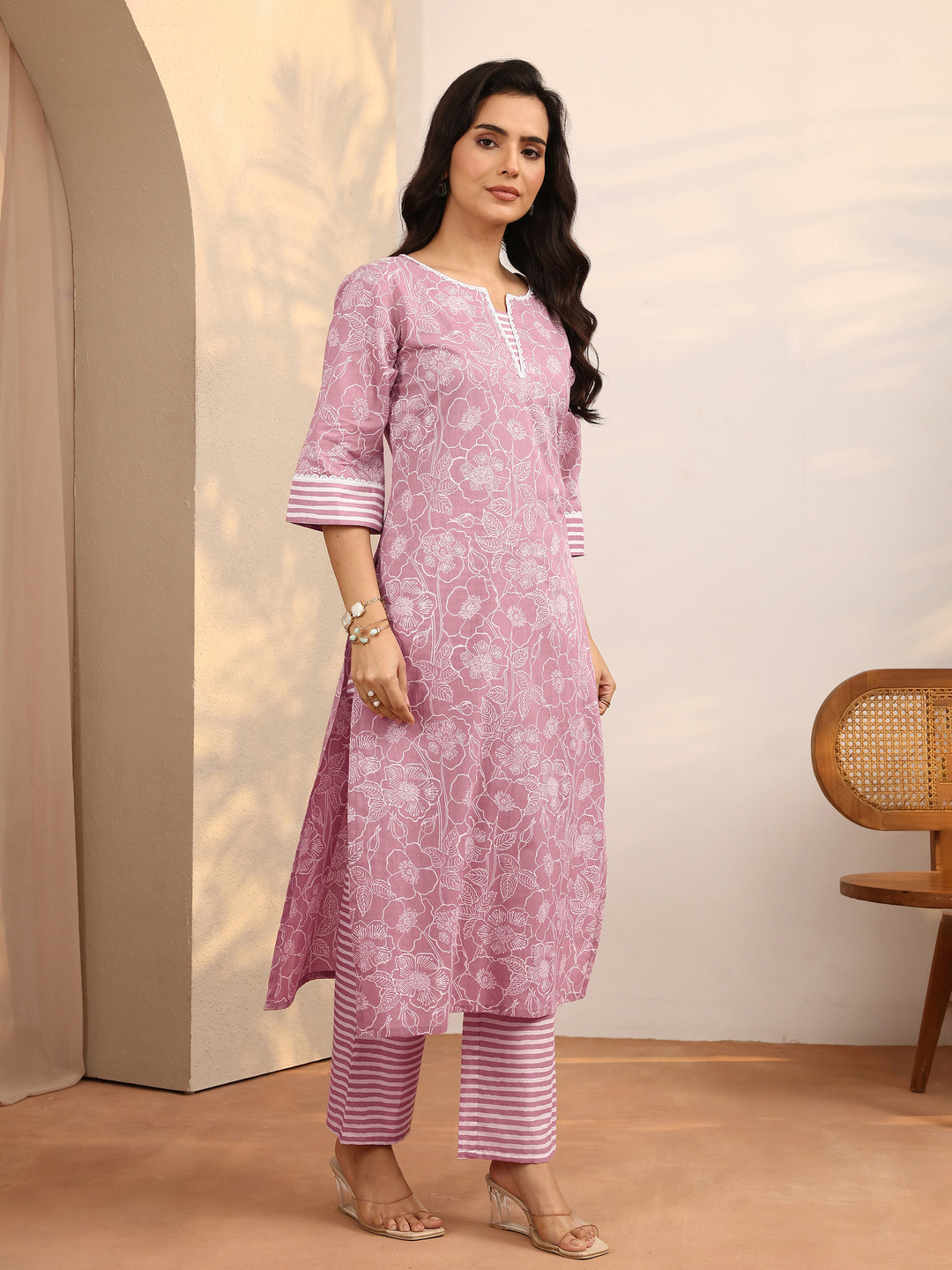  Mauve Printed Cotton Straight Kurta Set 