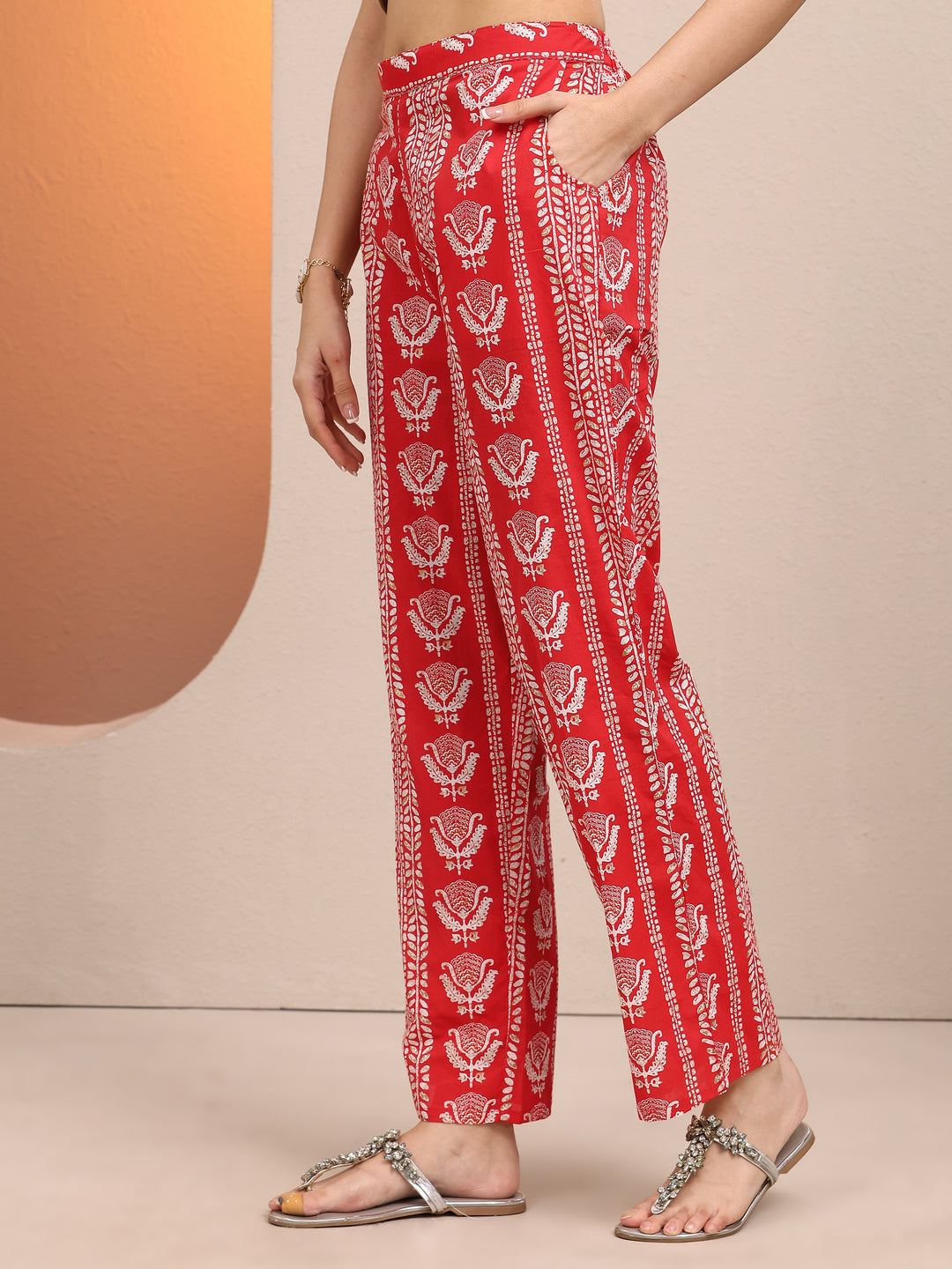  Red Printed Cotton A-line Kurta Set 