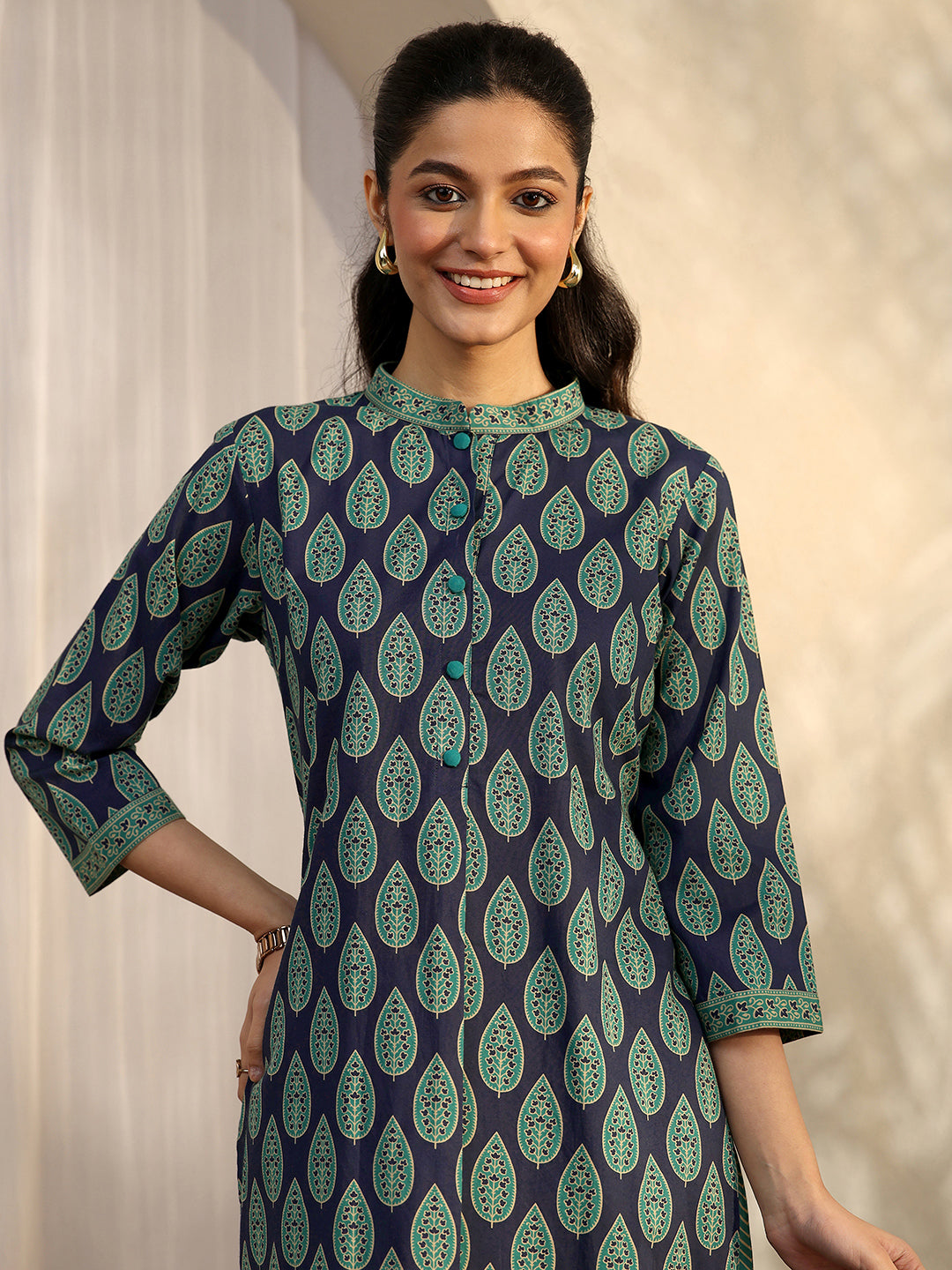  Blue Printed Cotton Straight Kurta Set 