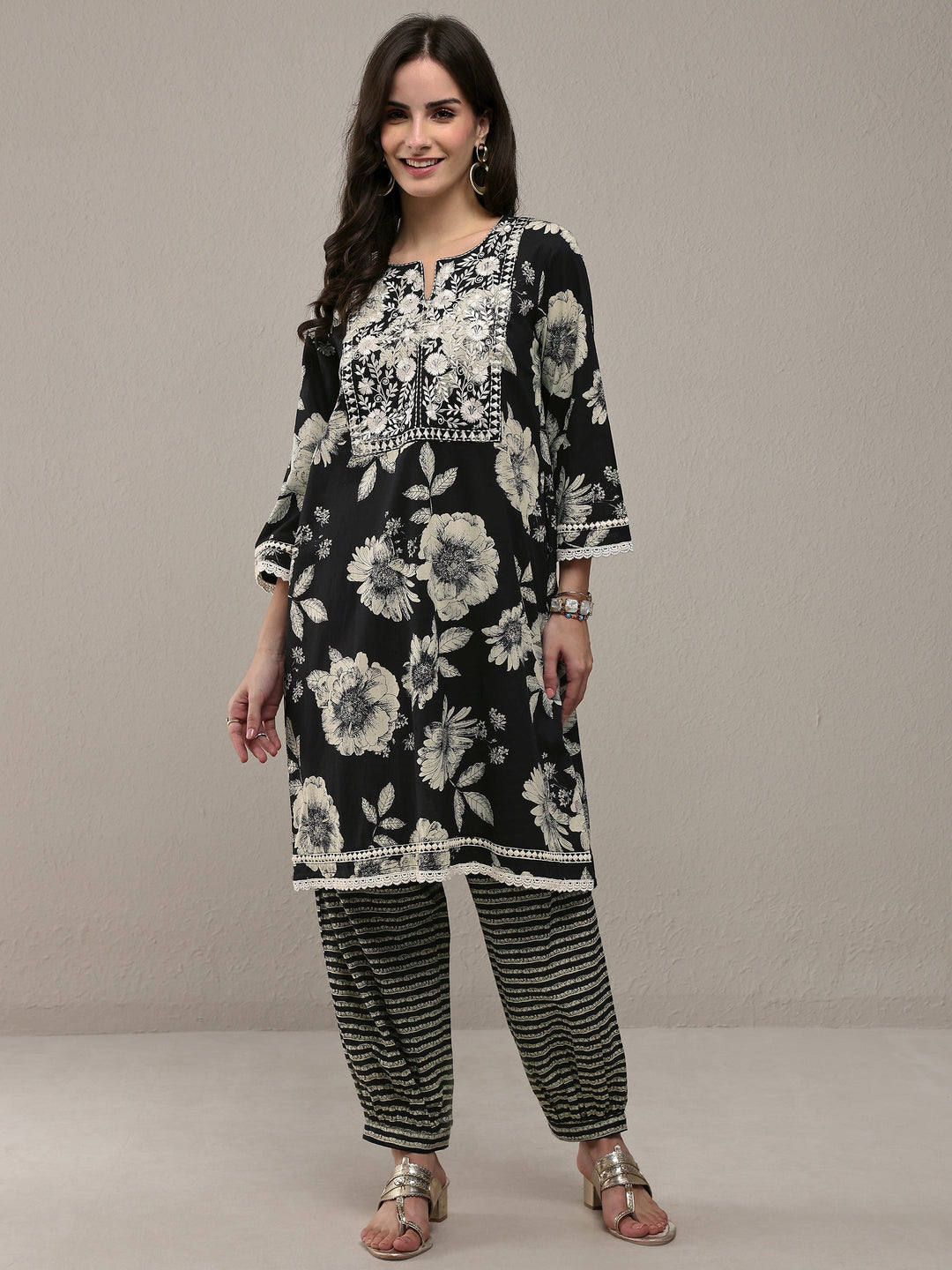  Black Floral Printed Cotton Straight Kurta Set 